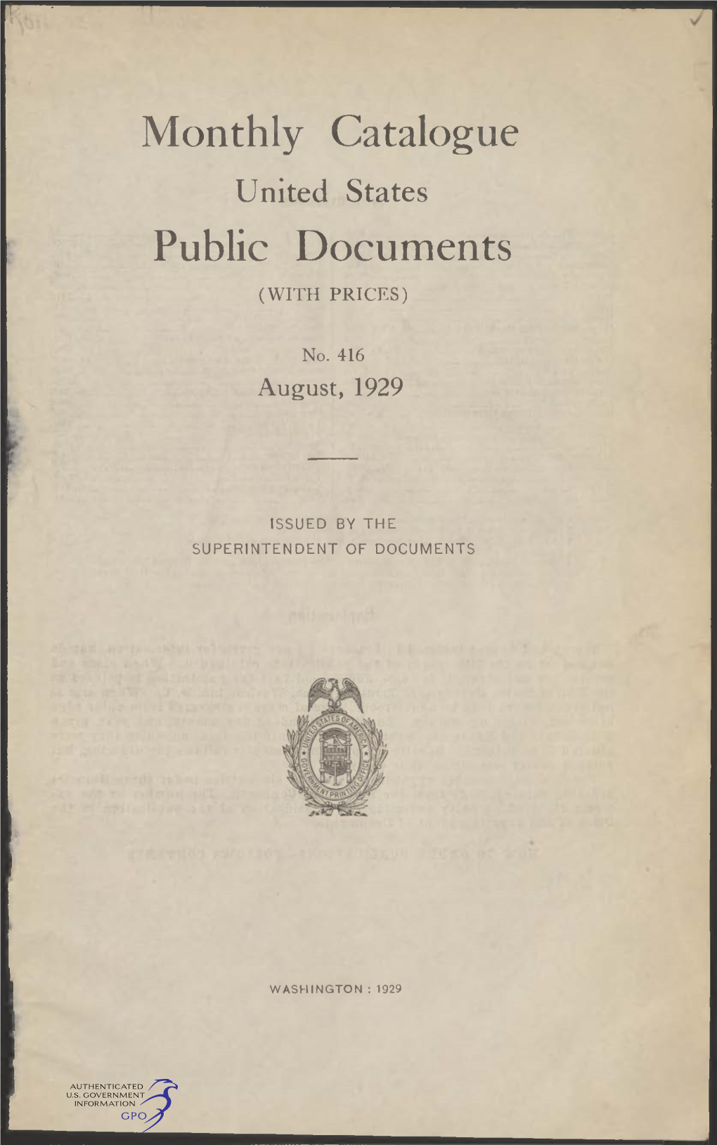 Monthly Catalogue, United States Public Documents, August 1929