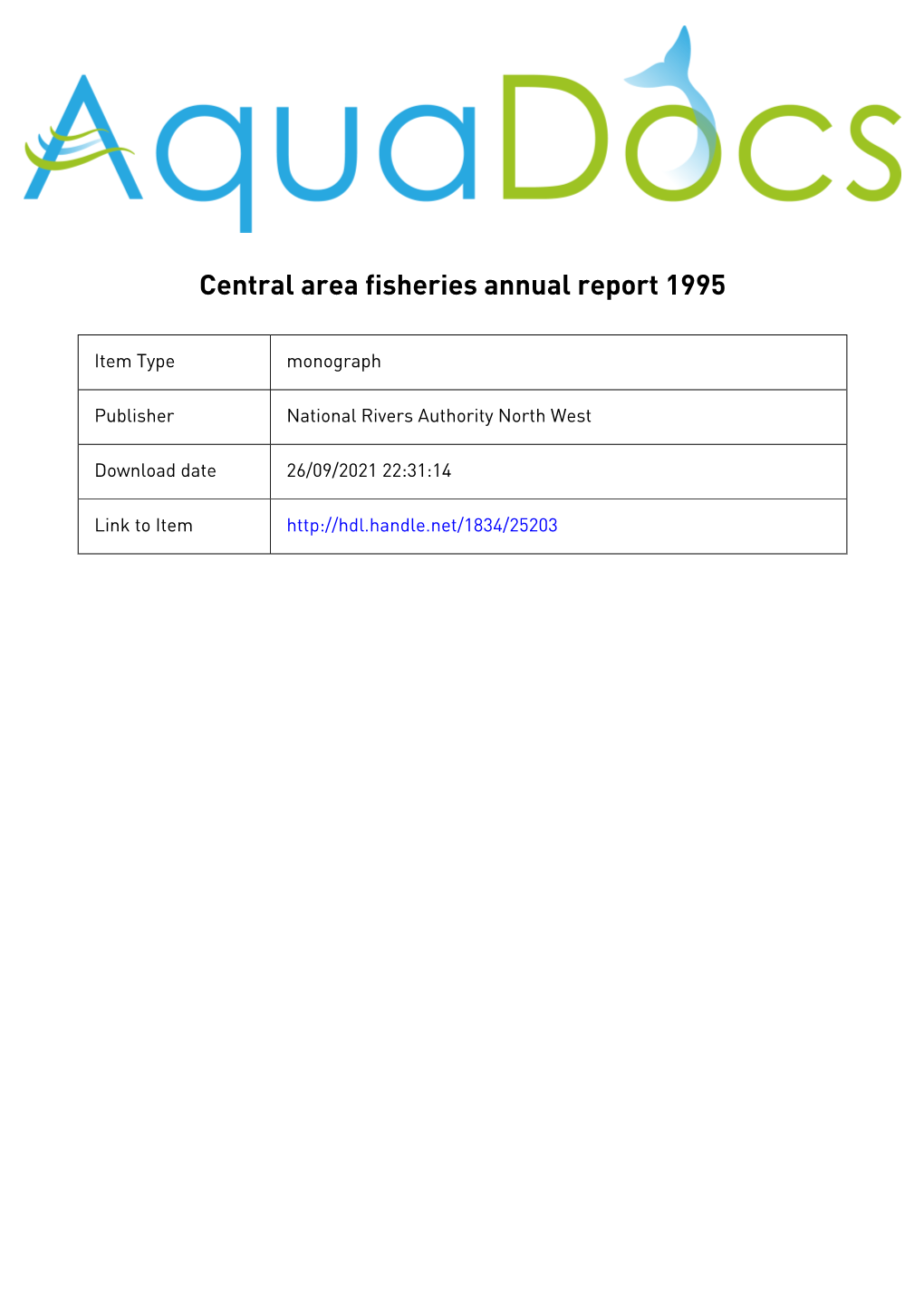 National Rivers Authority North West Region CENTRAL AREA FISHERIES ANNUAL REPORT 1995