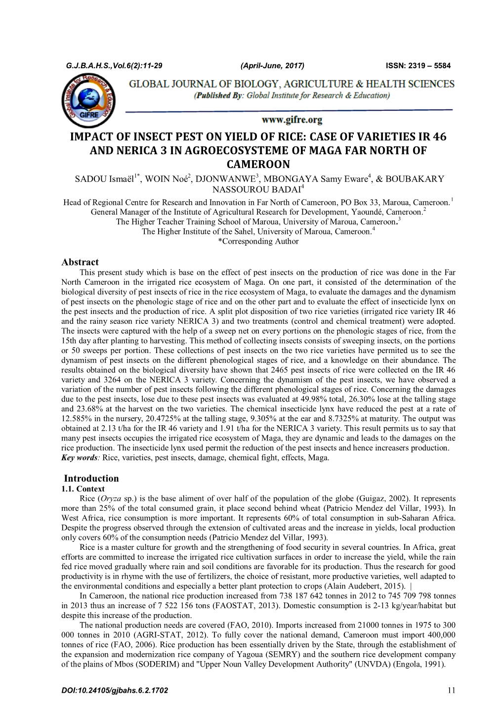 Impact of Insect Pest on Yield of Rice: Case of Varieties Ir 46 and Nerica 3