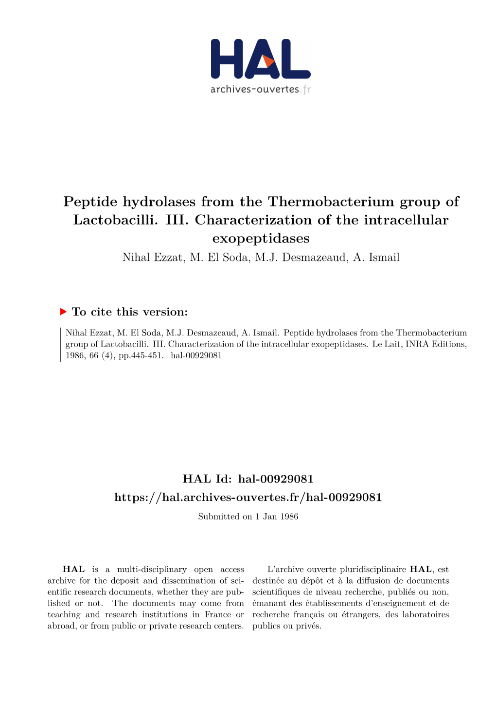 Peptide Hydrolases from the Thermobacterium Group of Lactobacilli