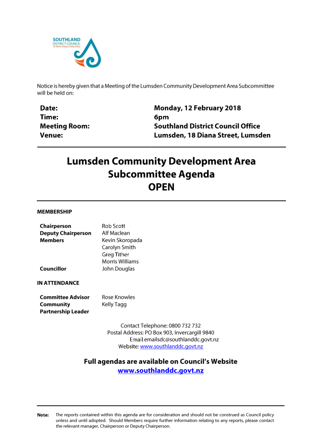 Agenda of Lumsden Community Development Area Subcommittee