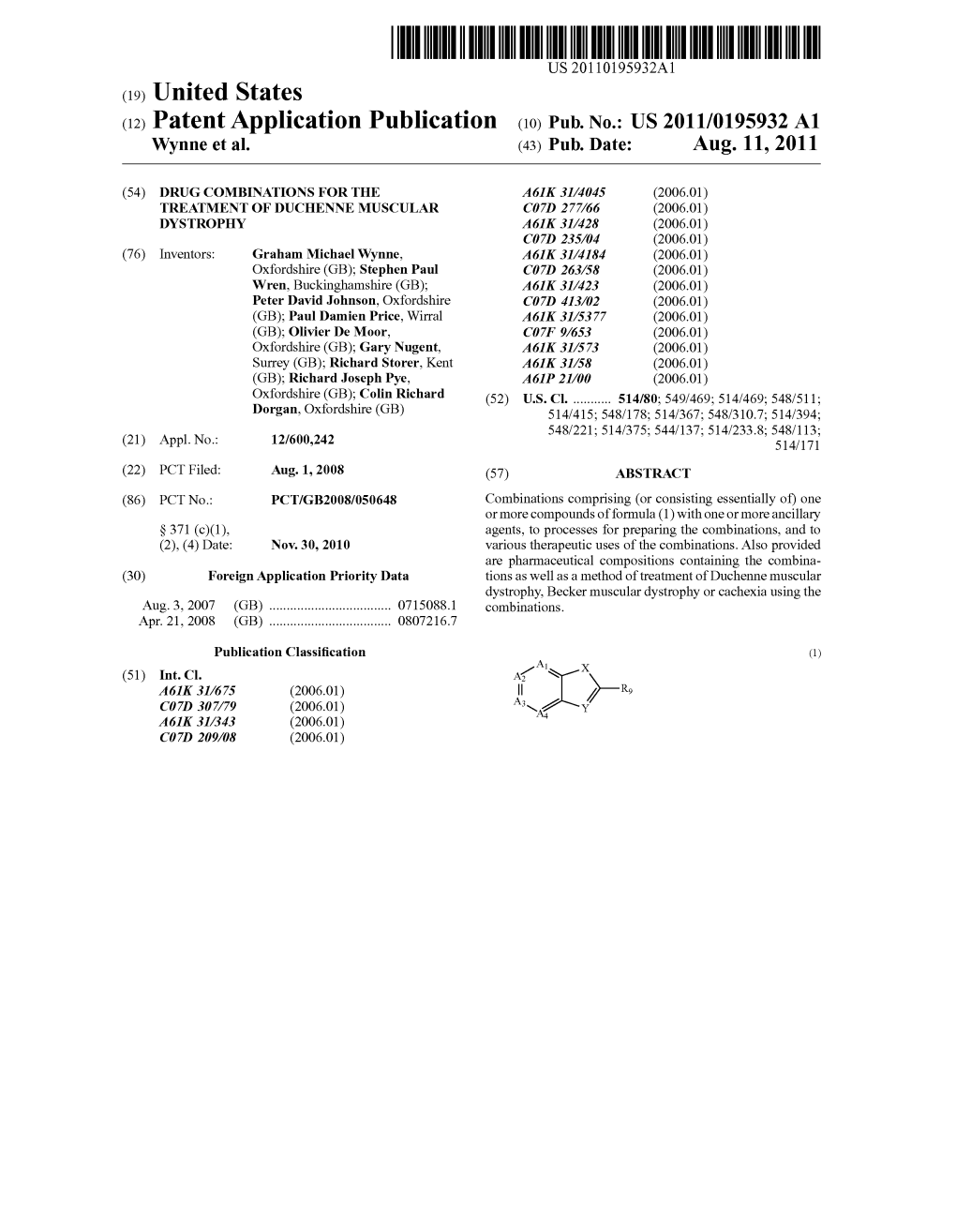 (12) Patent Application Publication (10) Pub. No.: US 2011/0195932 A1 Wynne Et Al