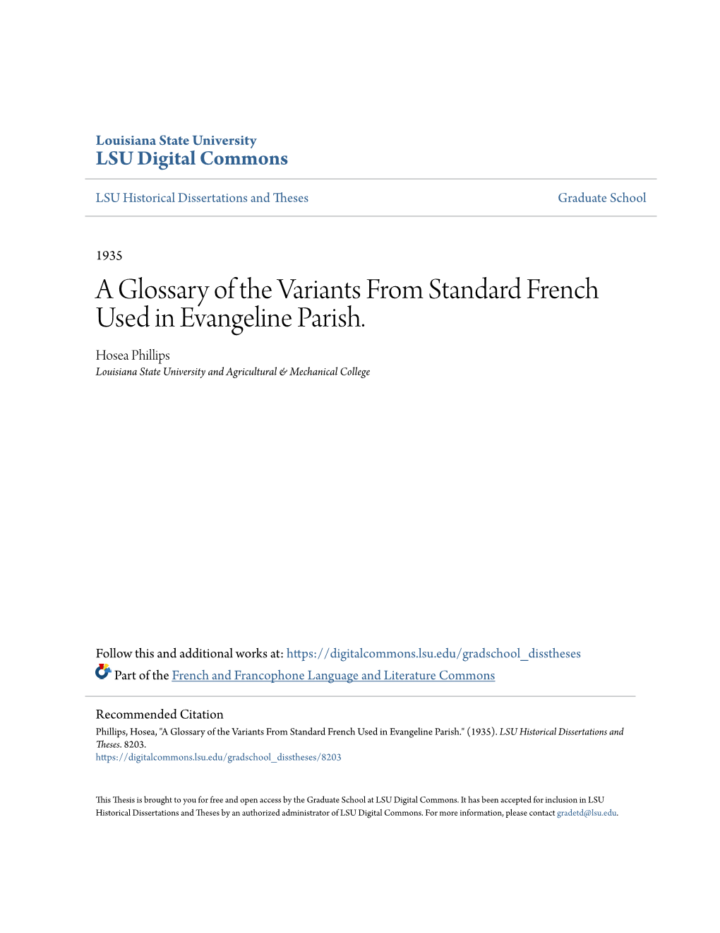 A Glossary of the Variants from Standard French Used in Evangeline Parish