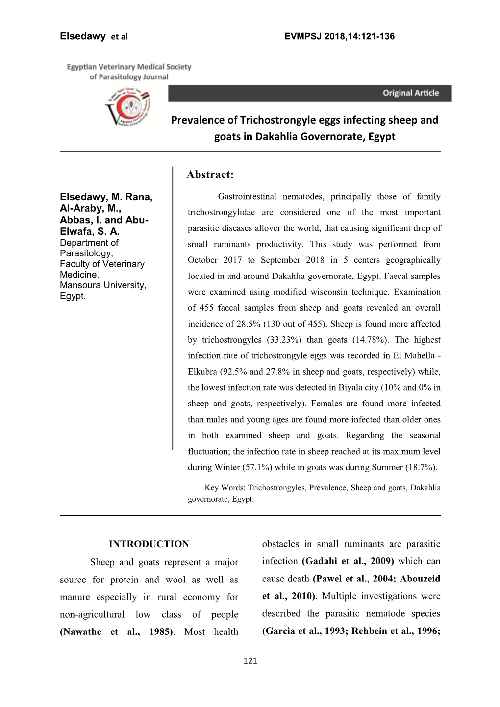 Prevalence of Trichostrongyle Eggs Infecting Sheep and Goats in Dakahlia Governorate, Egypt