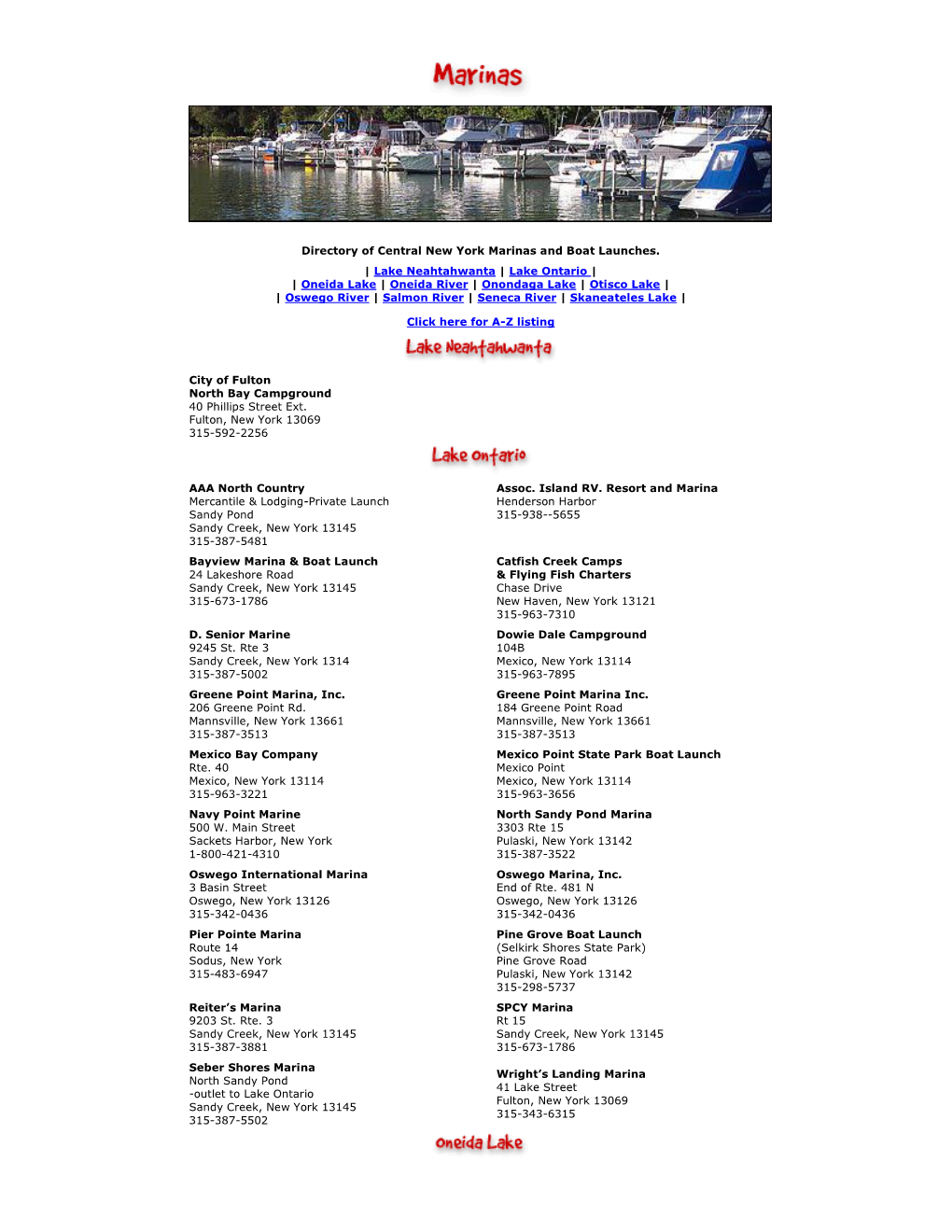 Directory of Central New York Marinas and Boat Launches