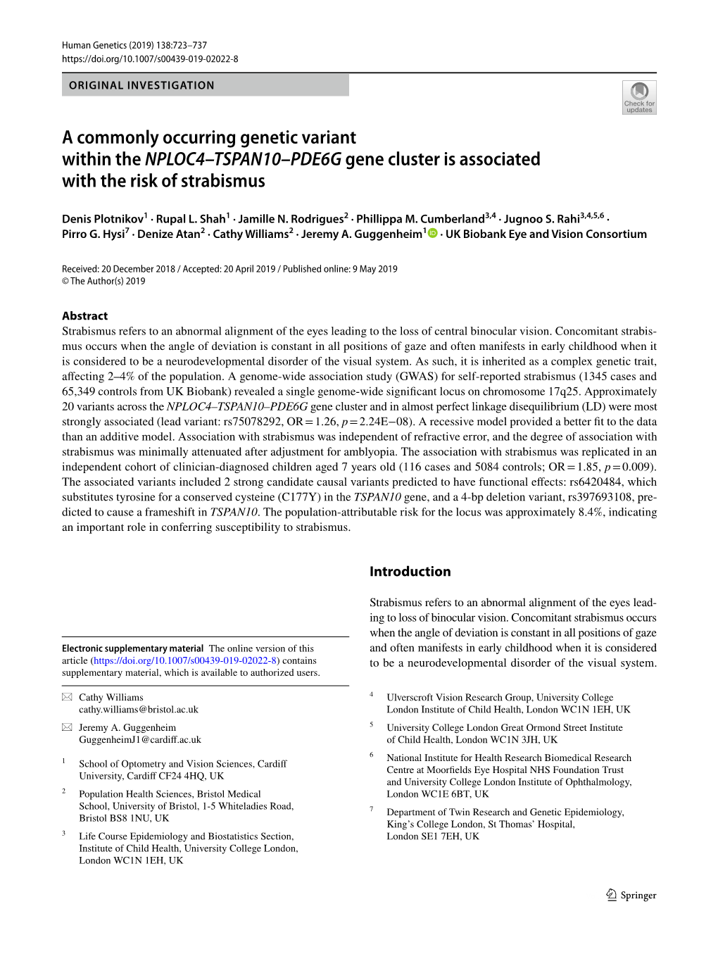 A Commonly Occurring Genetic Variant Within the NPLOC4–TSPAN10–PDE6G Gene Cluster Is Associated with the Risk of Strabismus