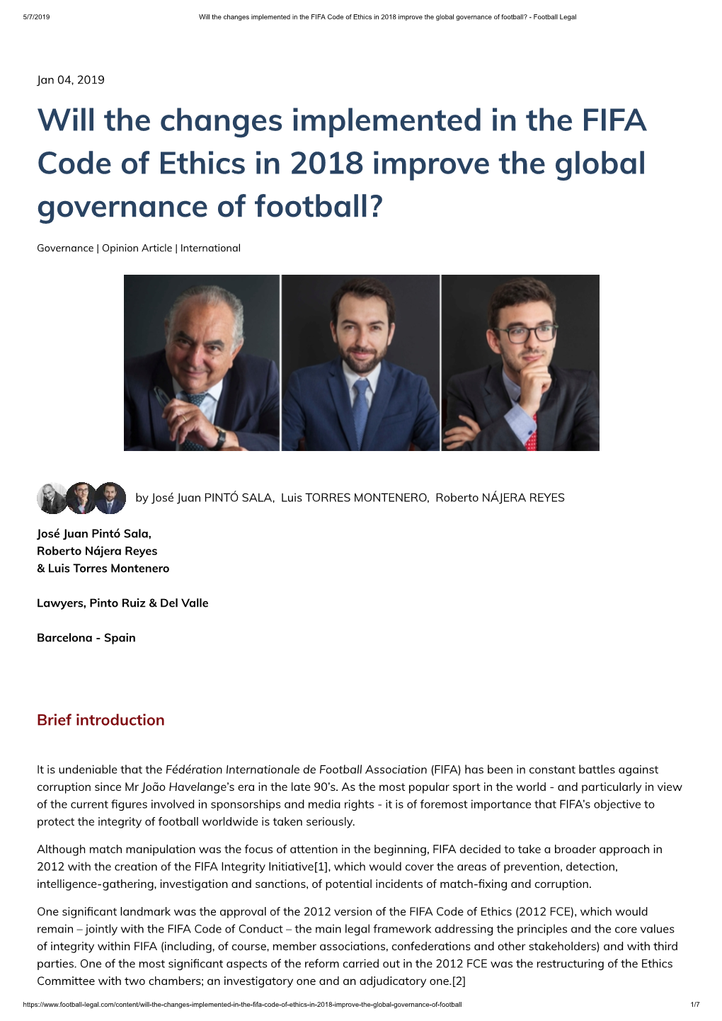 Will the Changes Implemented in the FIFA Code of Ethics in 2018 Improve the Global Governance of Football? - Football Legal