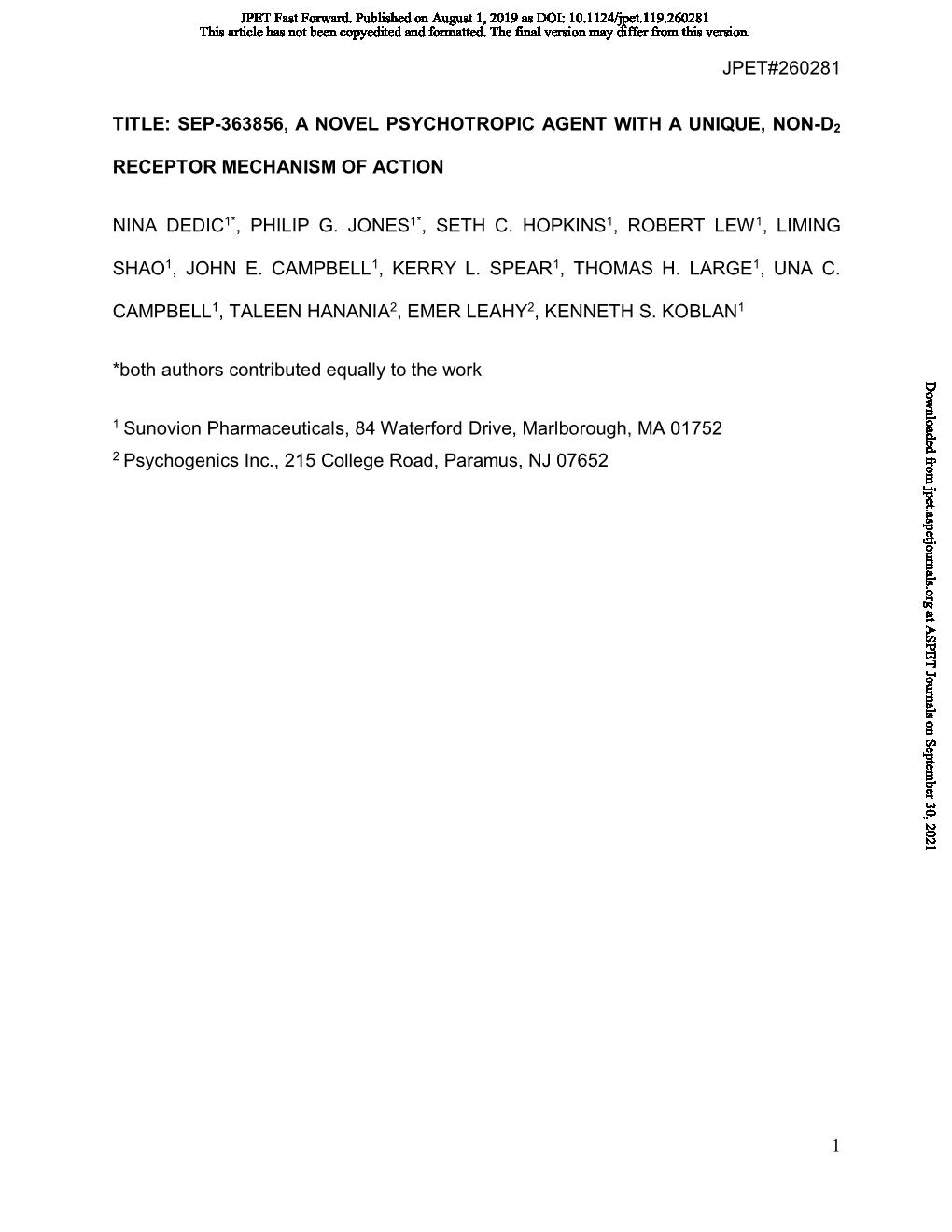 Sep-363856, a Novel Psychotropic Agent with a Unique, Non-D2