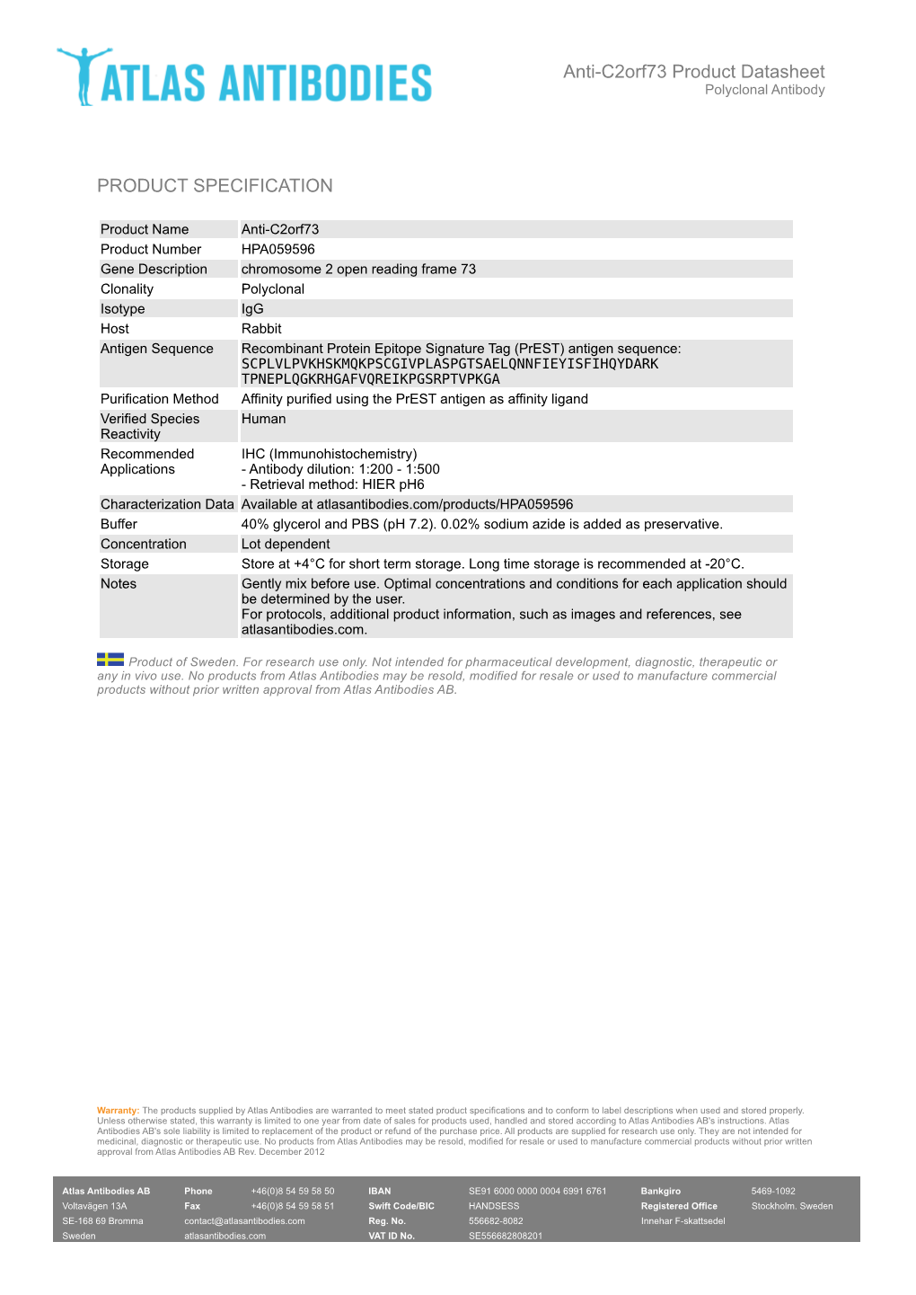 Anti-C2orf73 Product Datasheet Polyclonal Antibody