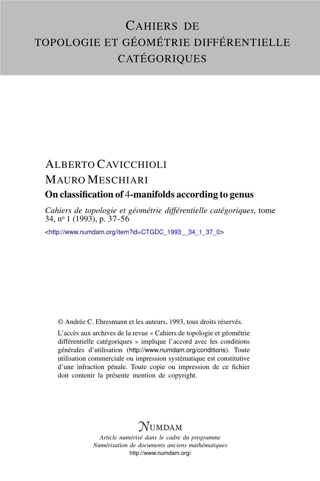 ON CLASSIFICATION of 4-MANIFOLDS ACCORDING to GENUS by Alberto CAVICCHIOLI and Mauro MESCHIARI