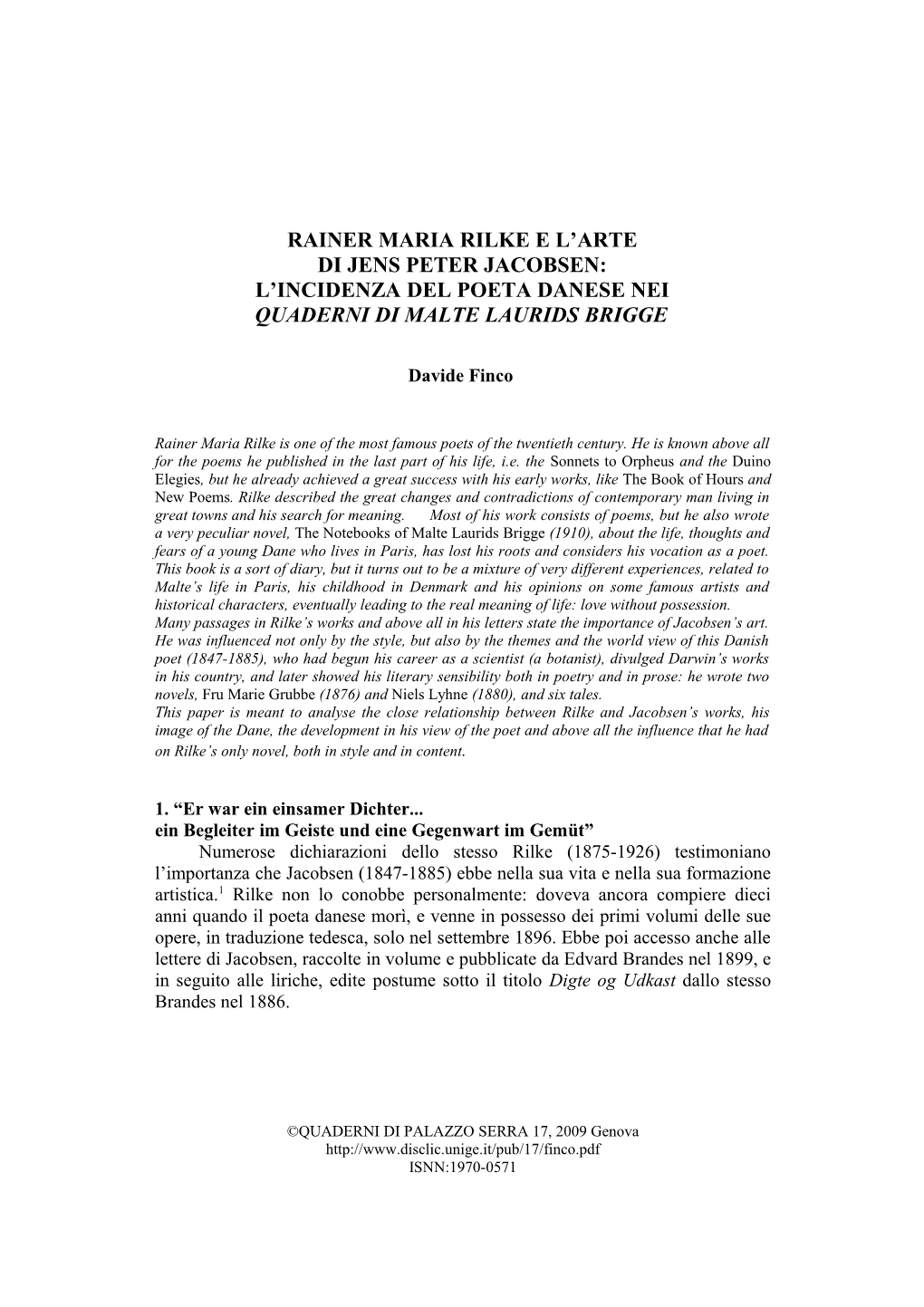 Rainer Maria Rilke E L'arte Di Jens Peter Jacobsen: L'incidenza Del Poeta Danese Nei Quaderni Di Malte Laurids Brigge