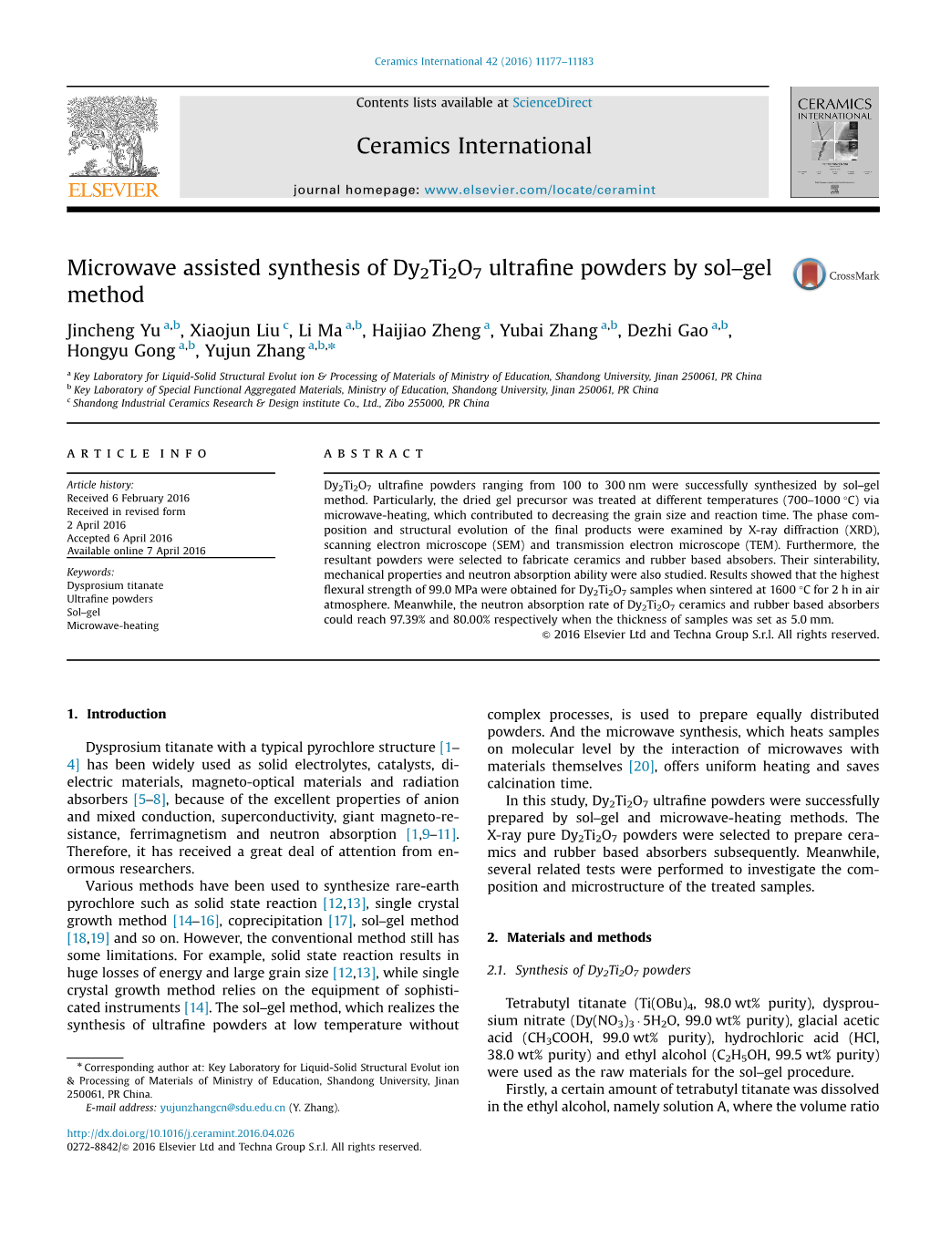 Microwave Assisted Synthesis of Dy2ti2o7 Ultrafine Powders by Sol