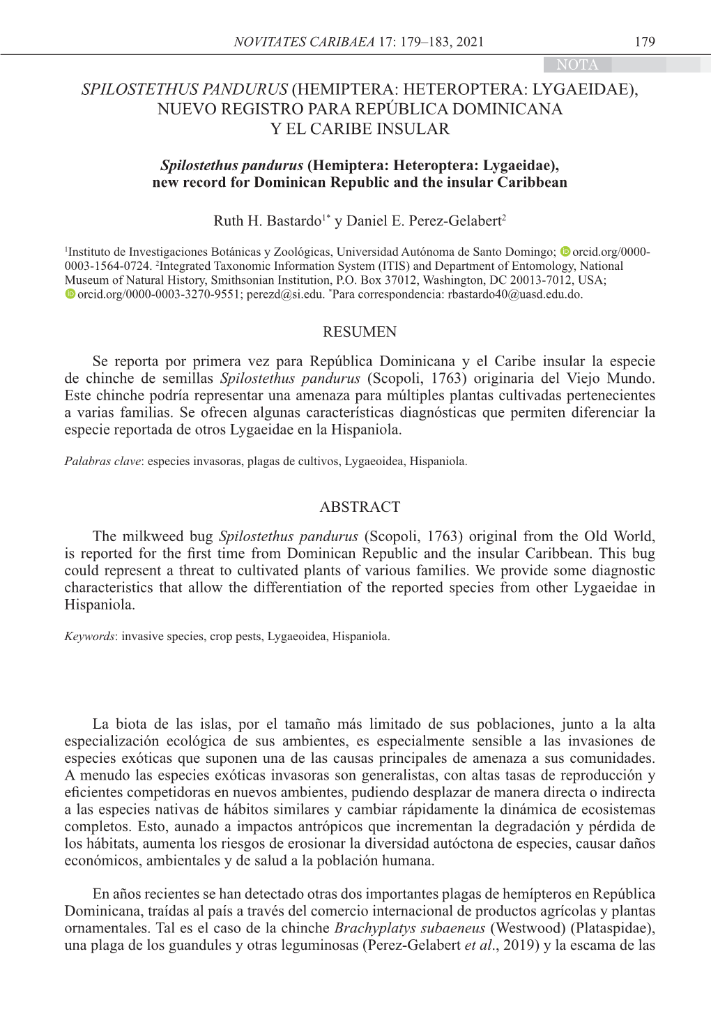 Spilostethus Pandurus (Hemiptera: Heteroptera: Lygaeidae), Nuevo Registro Para República Dominicana Y El Caribe Insular