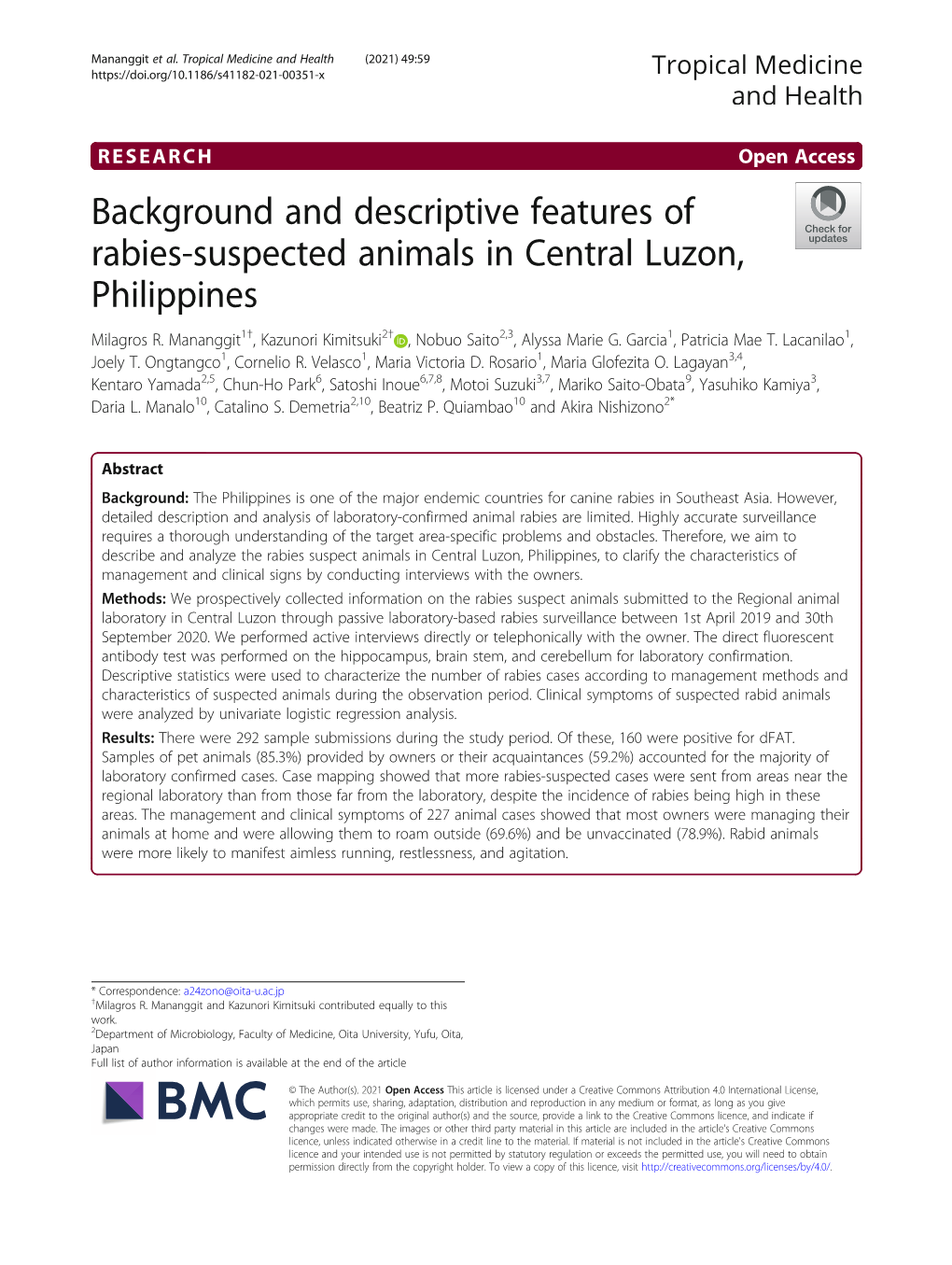 Background and Descriptive Features of Rabies-Suspected Animals in Central Luzon, Philippines Milagros R