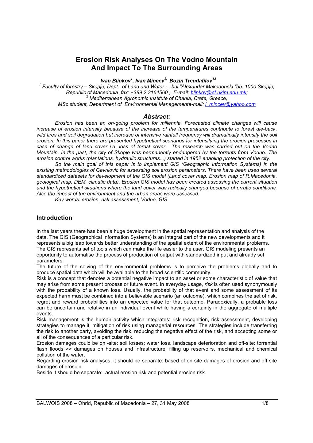 Erosion Risk Analyses on the Vodno Mountain and Impact to the Surrounding Areas