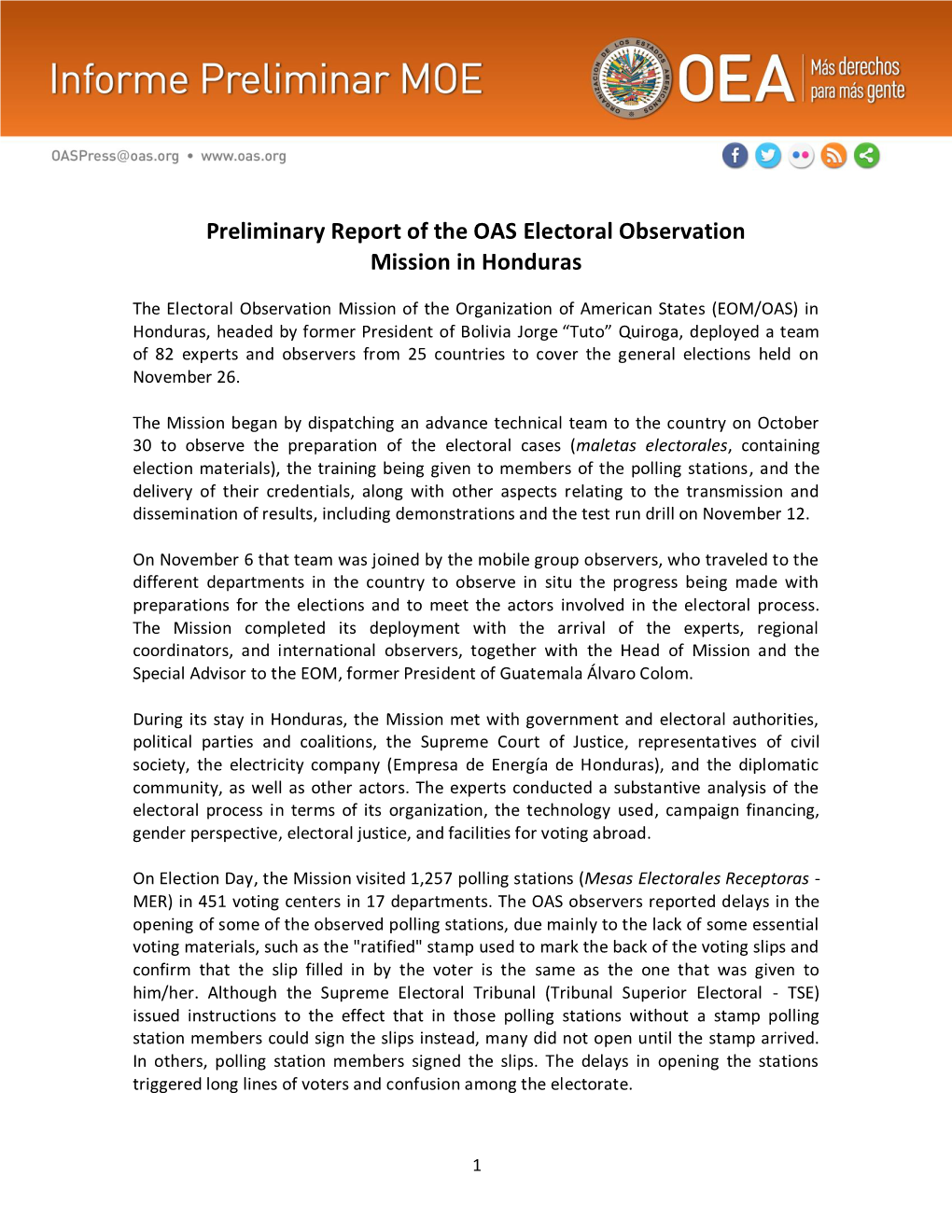 Preliminary Report of the OAS Electoral Observation Mission in Honduras