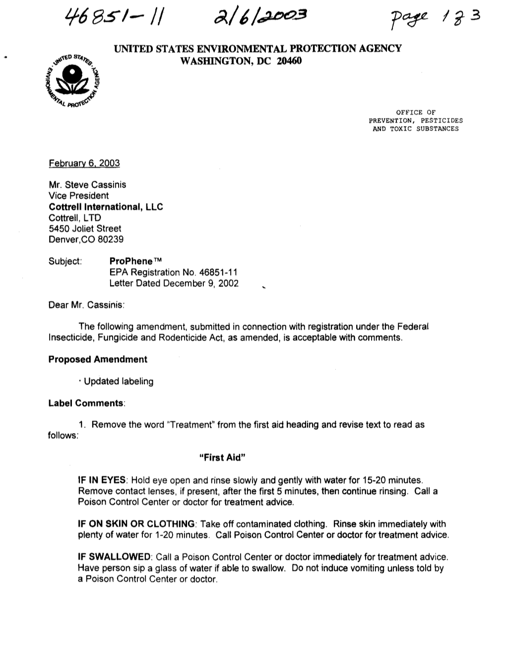 U.S. EPA, Pesticide Product Label, PROPHENE, 02/06/2003