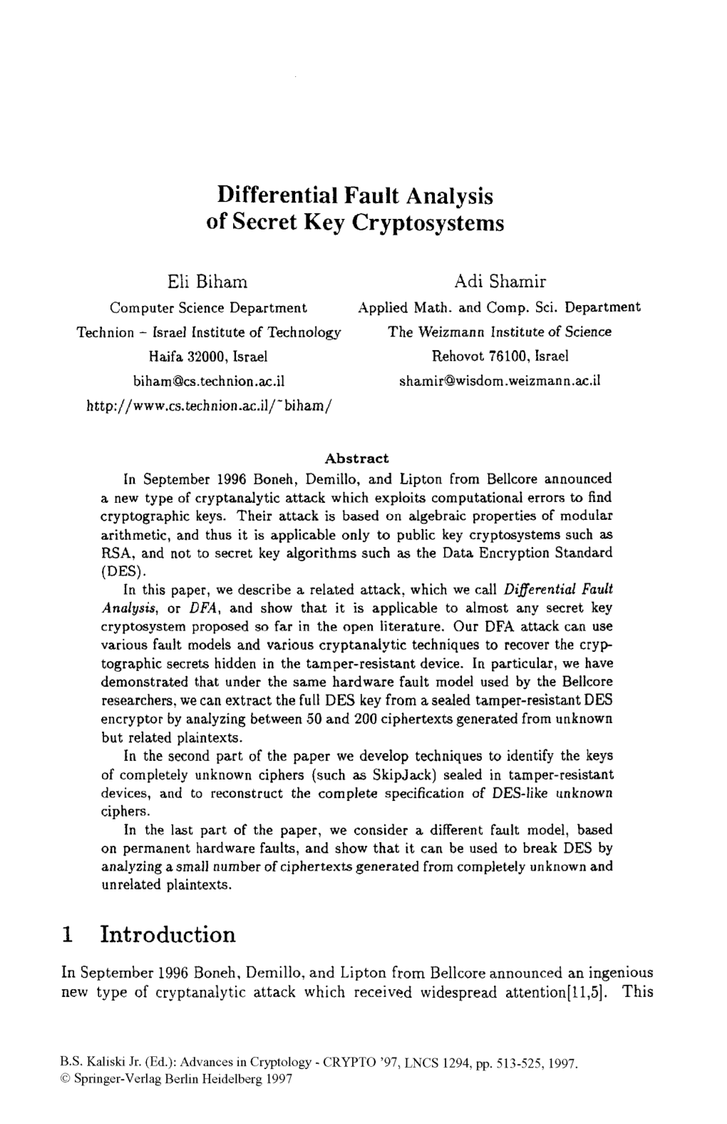 Biham, Shamir, Differential Fault Analysis of Secret Key Cryptosystems