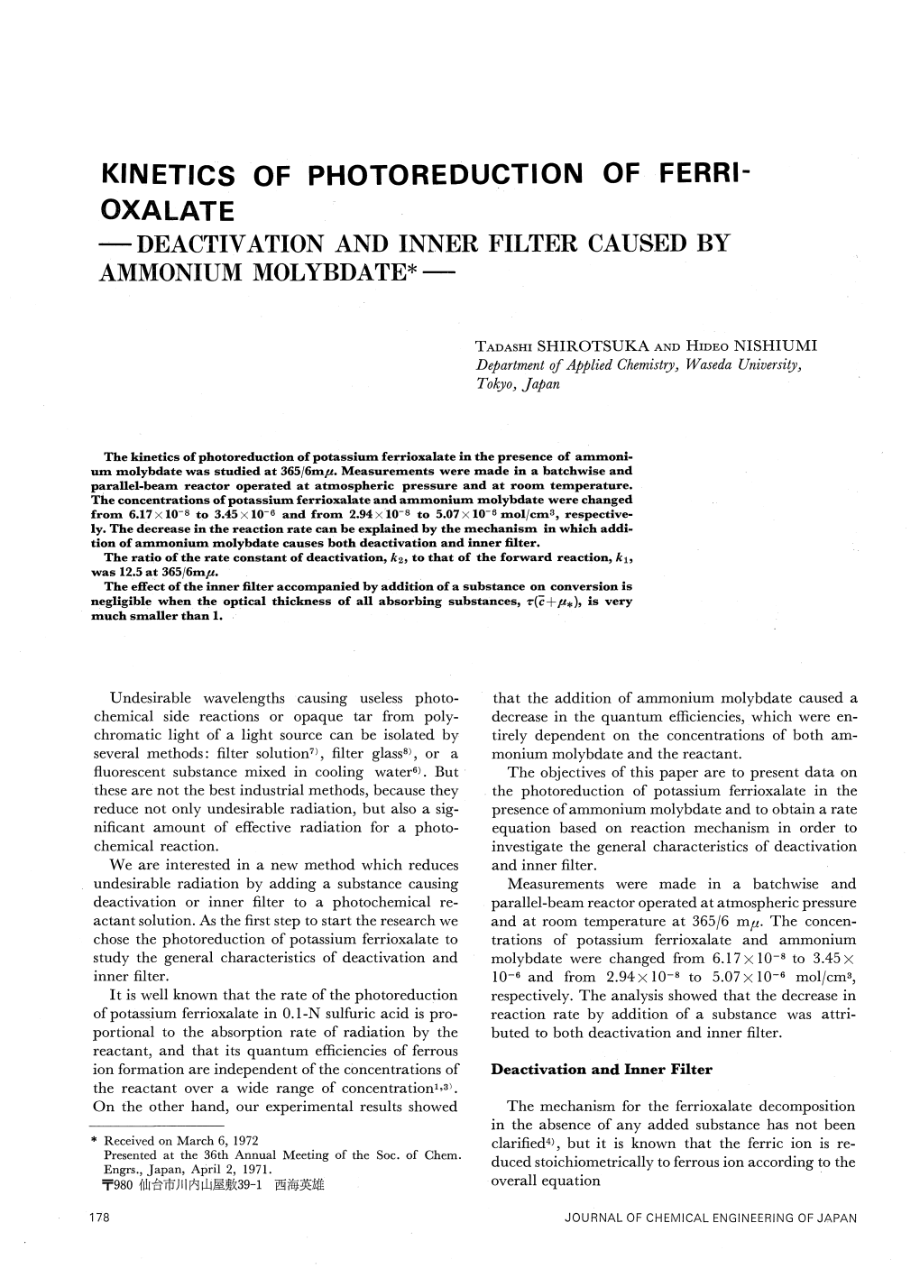 Kinetics of Photoreduction of Ferri- Oxalat E - Deactivation and Inner Filter Caused by Ammoniummolybdate*