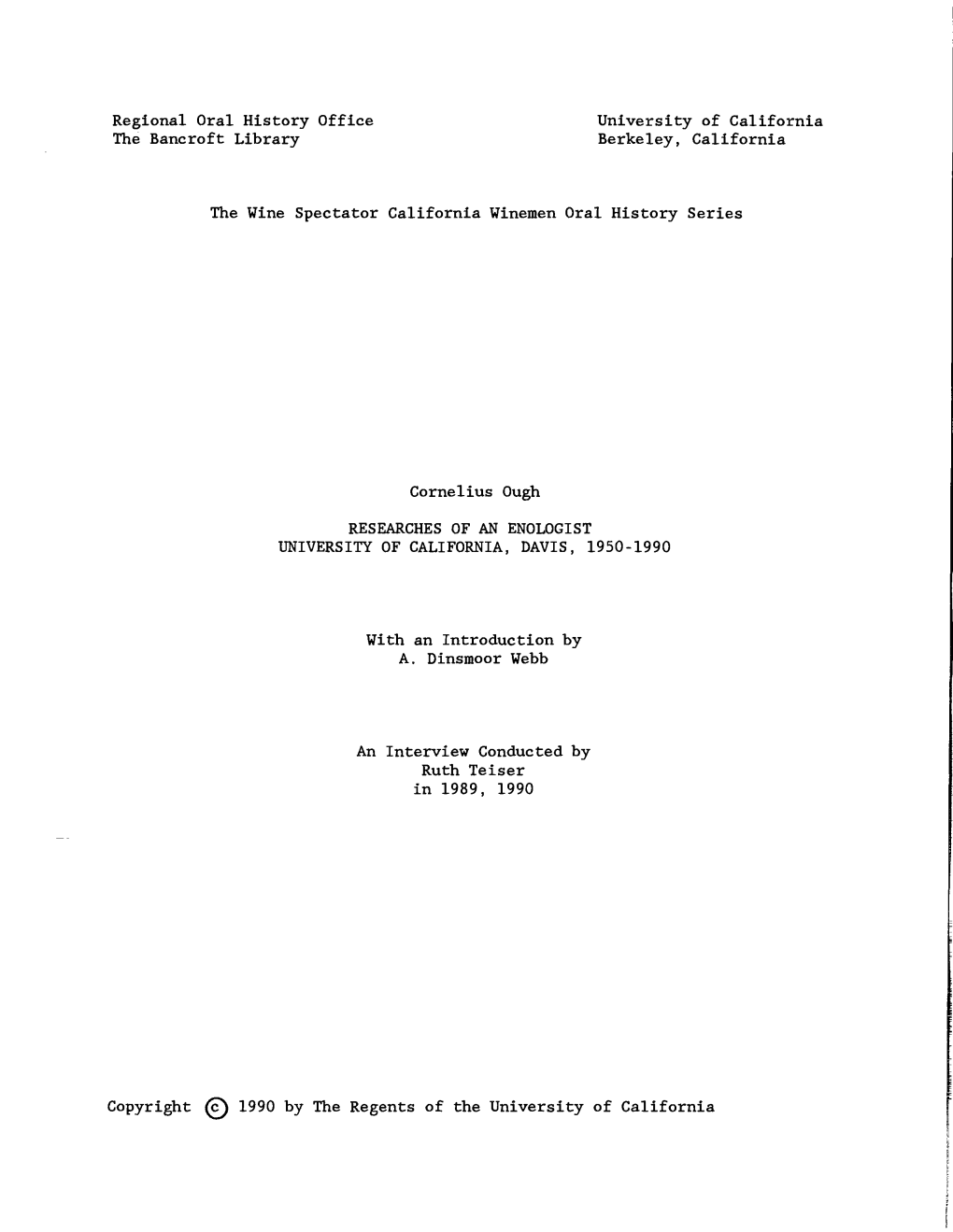 Regional Oral History Office University of California the Bancroft Library Berkeley, California