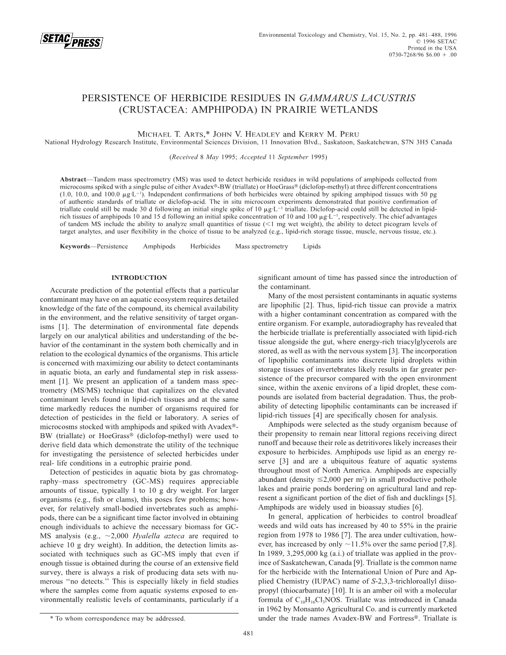 Persistence of Herbicide Residues in Gammarus Lacustris (Crustacea: Amphipoda) in Prairie Wetlands