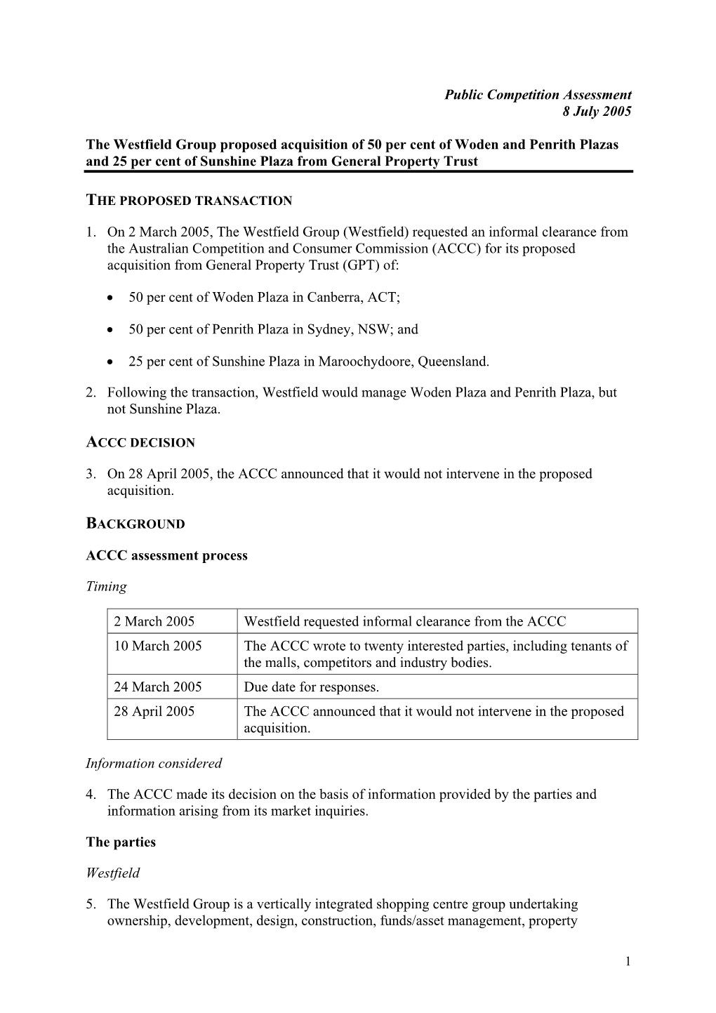 Public Competition Assessment 8 July 2005 the Westfield Group