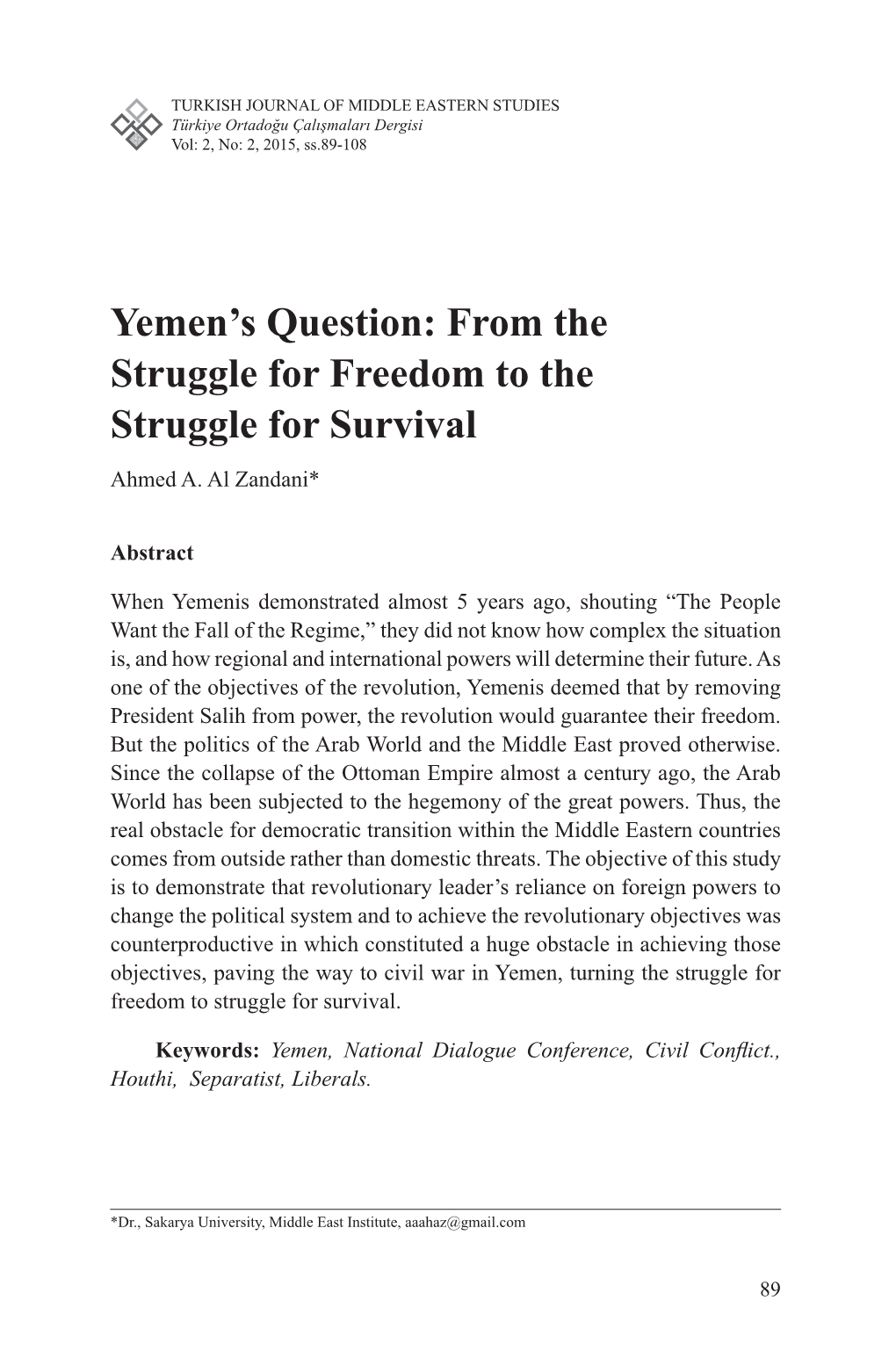 Yemen's Question: from the Struggle for Freedom to the Struggle for Survival
