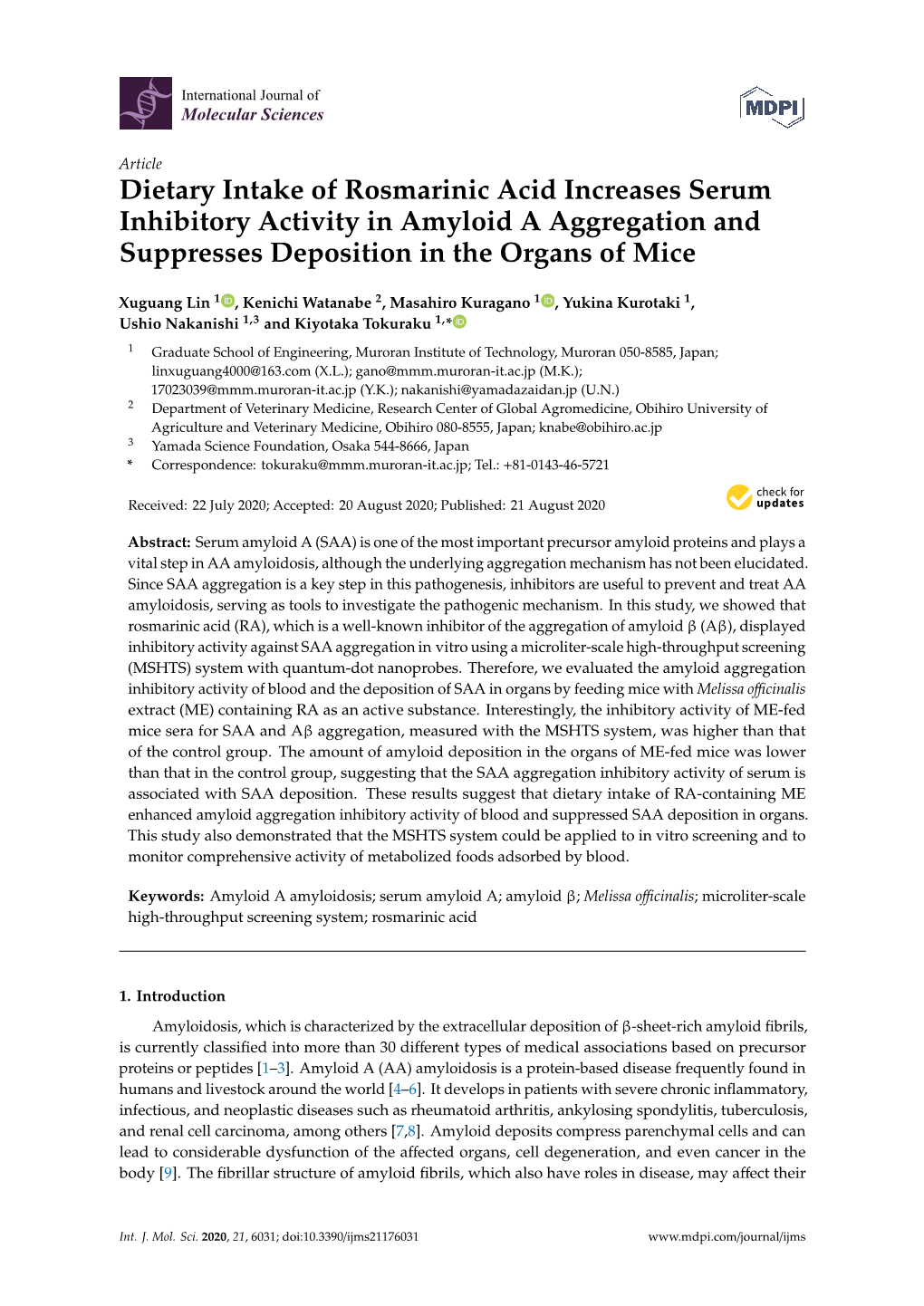 Dietary Intake of Rosmarinic Acid Increases Serum Inhibitory Activity in Amyloid a Aggregation and Suppresses Deposition in the Organs of Mice