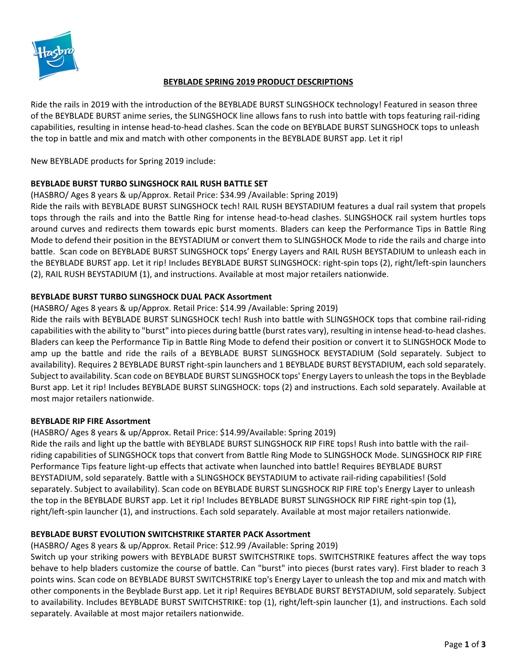 Page 1 of 3 BEYBLADE SPRING 2019 PRODUCT DESCRIPTIONS Ride