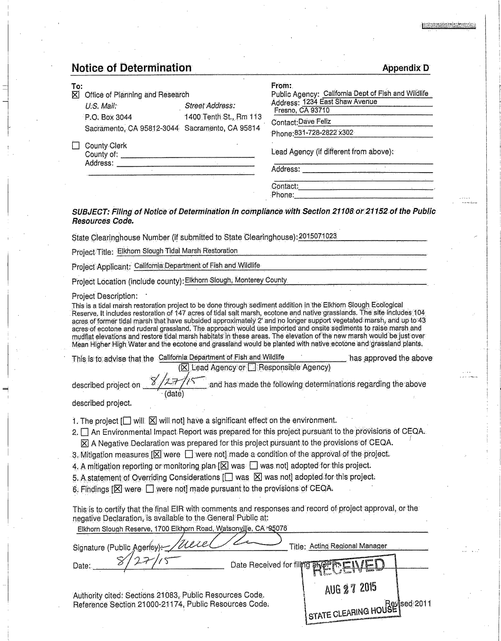 ELKHORN SLOUGH TIDAL MARSH RESTORATION PROJECT Initial Study/Mitigated Negative Declaration