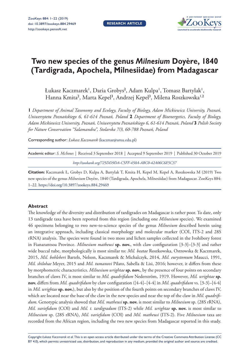 Two New Species of the Genus Milnesium Doyère, 1840 (Tardigrada, Apochela, Milnesiidae) from Madagascar