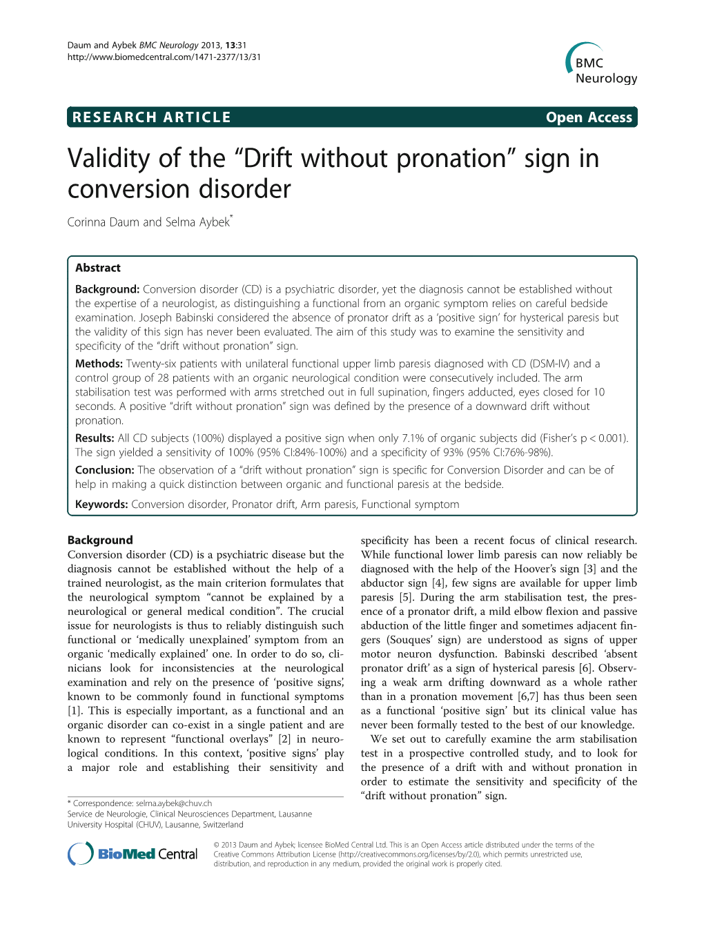 “Drift Without Pronation” Sign in Conversion Disorder Corinna Daum and Selma Aybek*