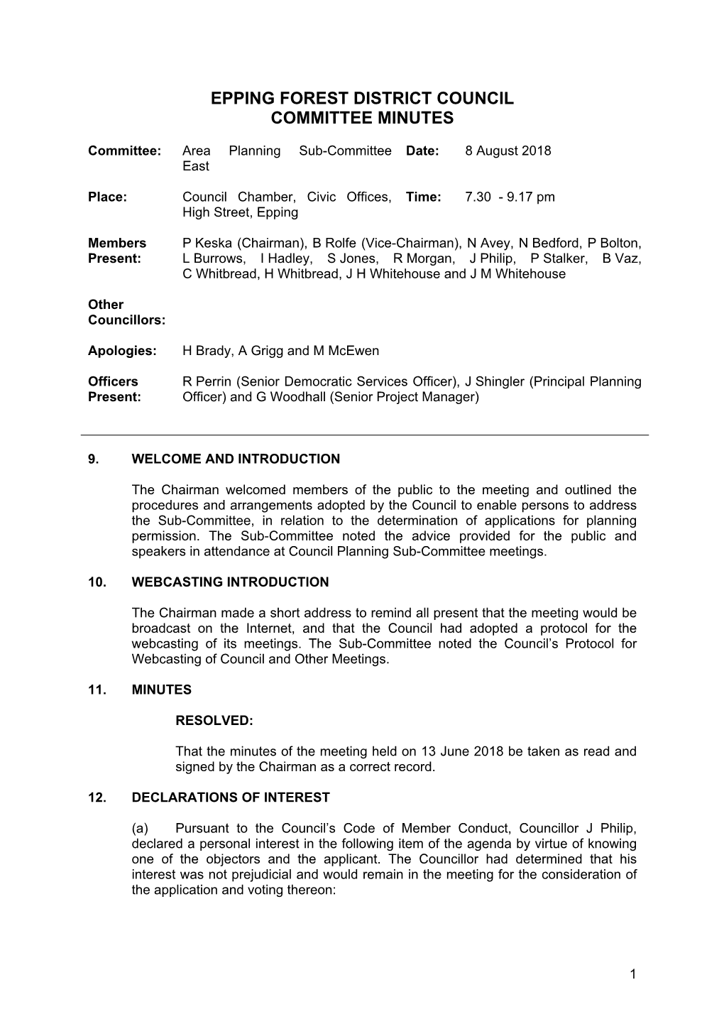 Minutes Document for Area Planning Sub-Committee East, 08/08/2018