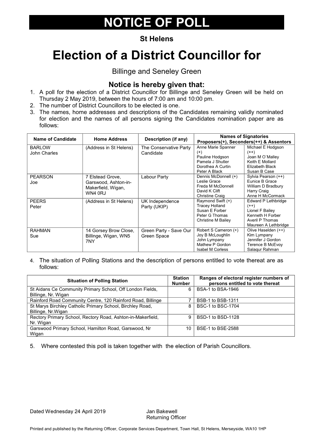 NOTICE of POLL Election of a District Councillor