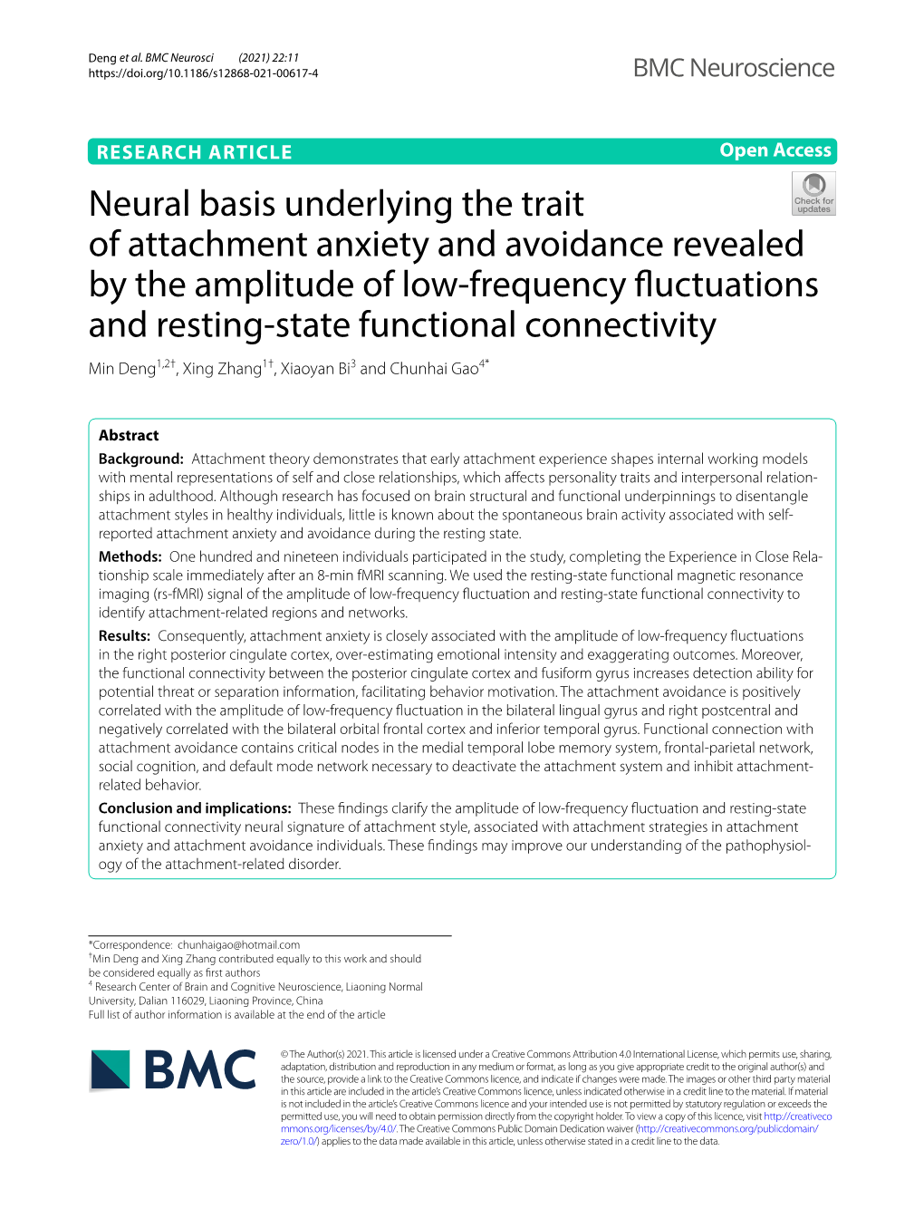 Neural Basis Underlying the Trait of Attachment Anxiety and Avoidance Revealed by the Amplitude of Low-Frequency Fluctuations An