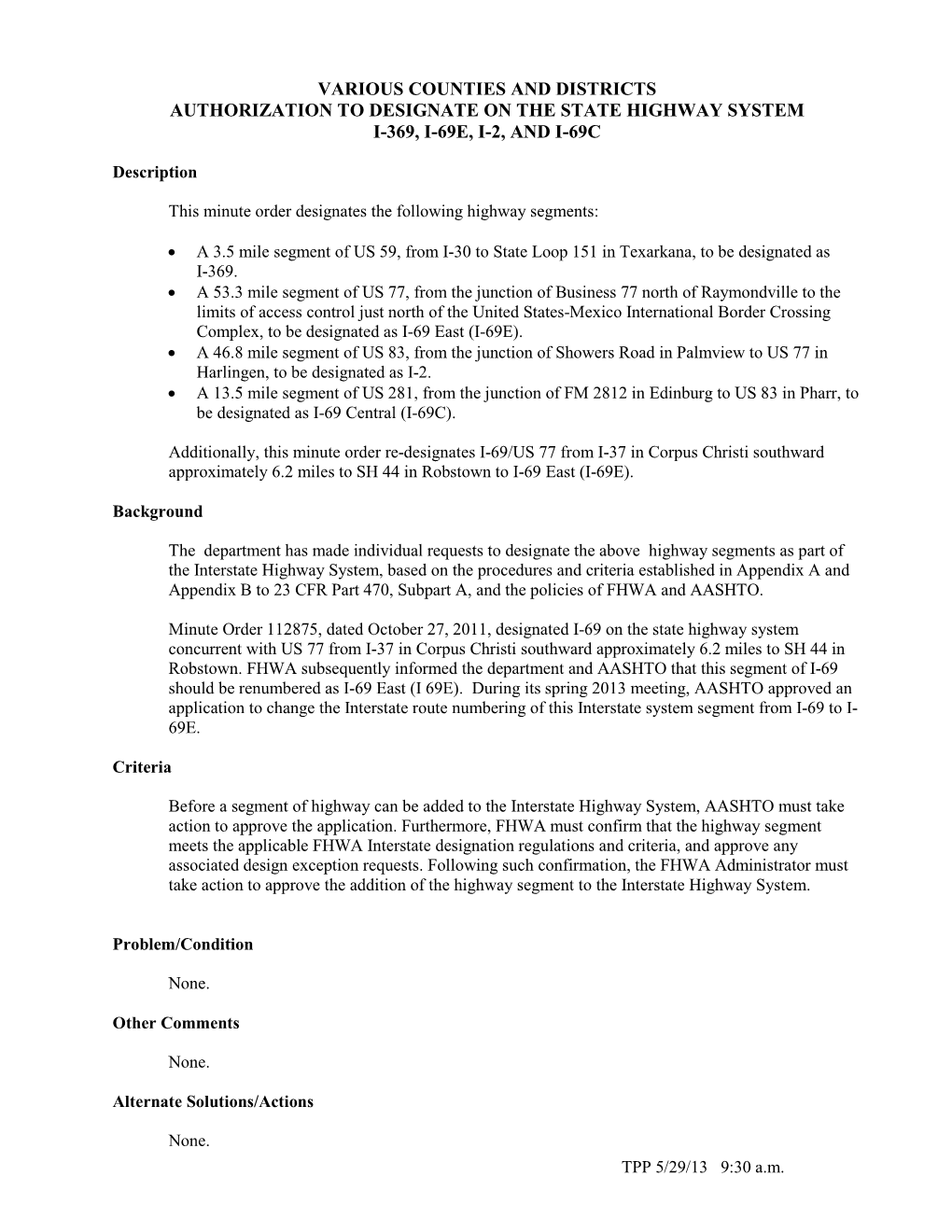 Various Counties and Districts Authorization to Designate on the State Highway System I-369, I-69E, I-2, and I-69C