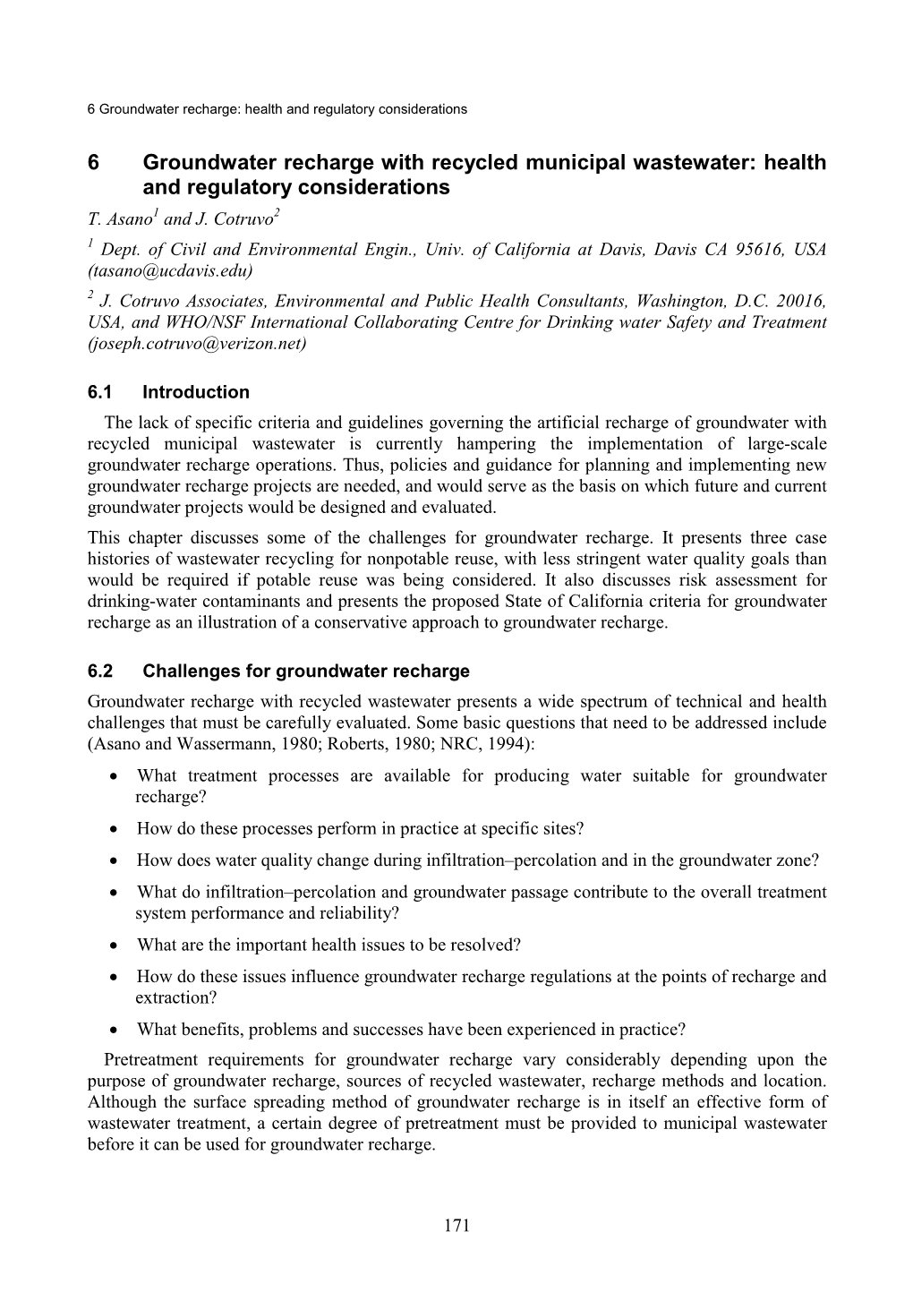 6 Groundwater Recharge with Recycled Municipal Wastewater: Health and Regulatory Considerations T