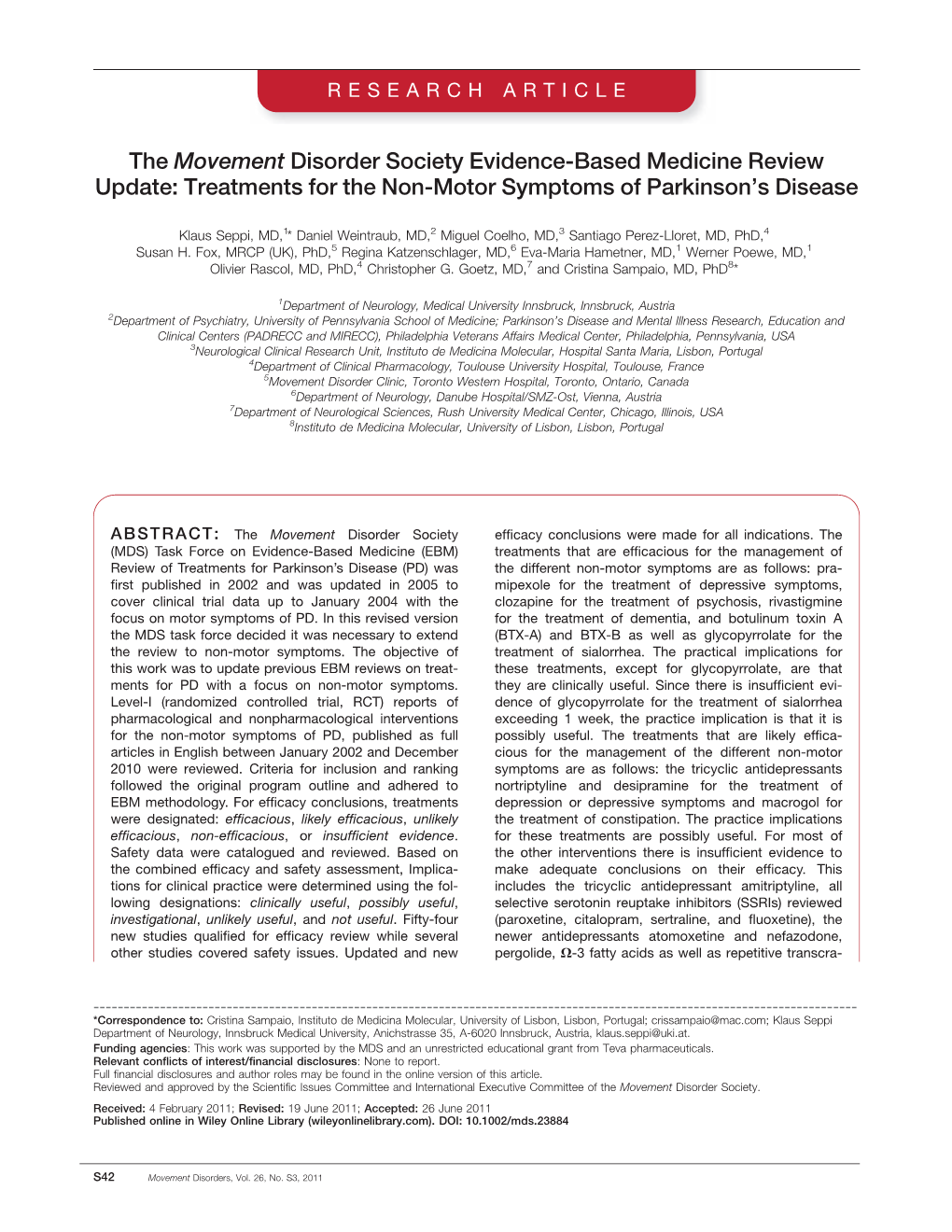 The Movement Disorder Society Evidence-Based Medicine Review Update: Treatments for the Non-Motor Symptoms of Parkinson's Dise