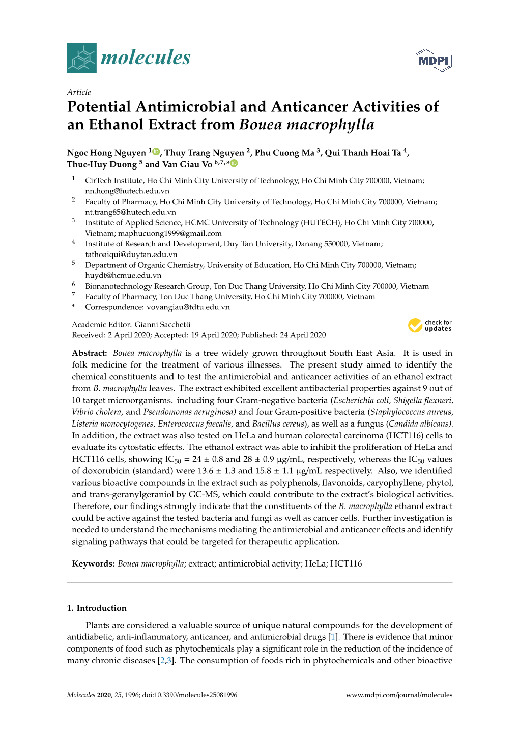 Potential Antimicrobial and Anticancer Activities of an Ethanol Extract from Bouea Macrophylla