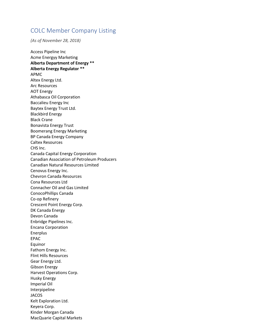 COLC Member Company Listing (As of November 28, 2018)