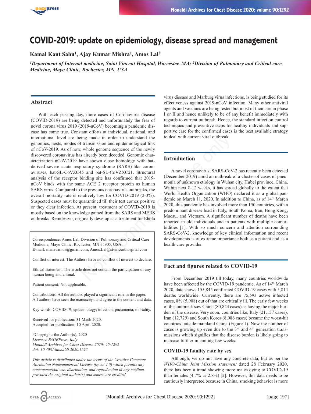 COVID-2019: Update on Epidemiology, Disease Spread and Management