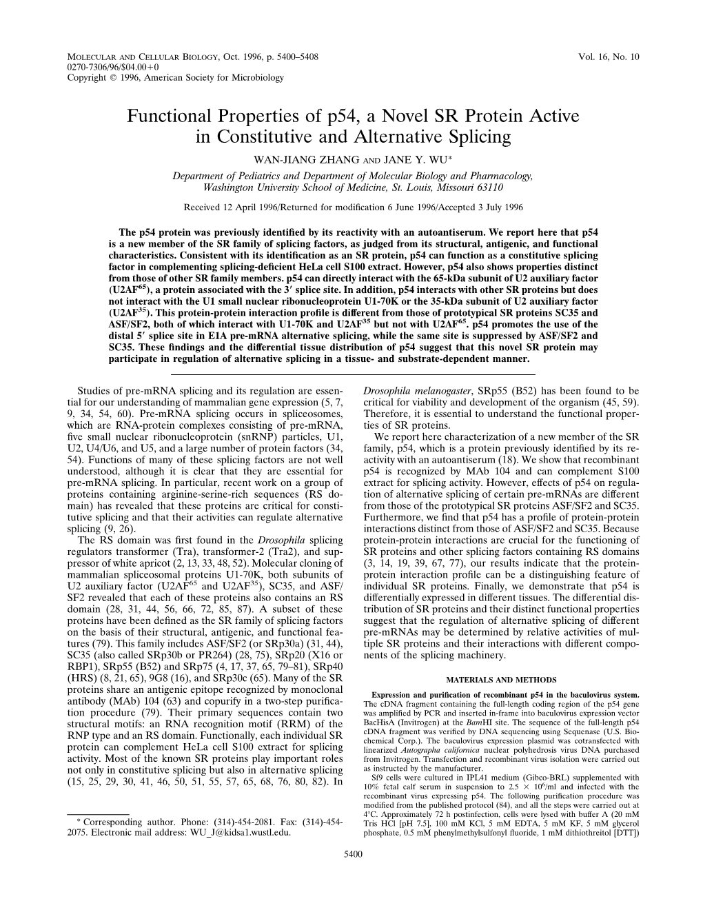 Functional Properties of P54, a Novel SR Protein Active in Constitutive and Alternative Splicing