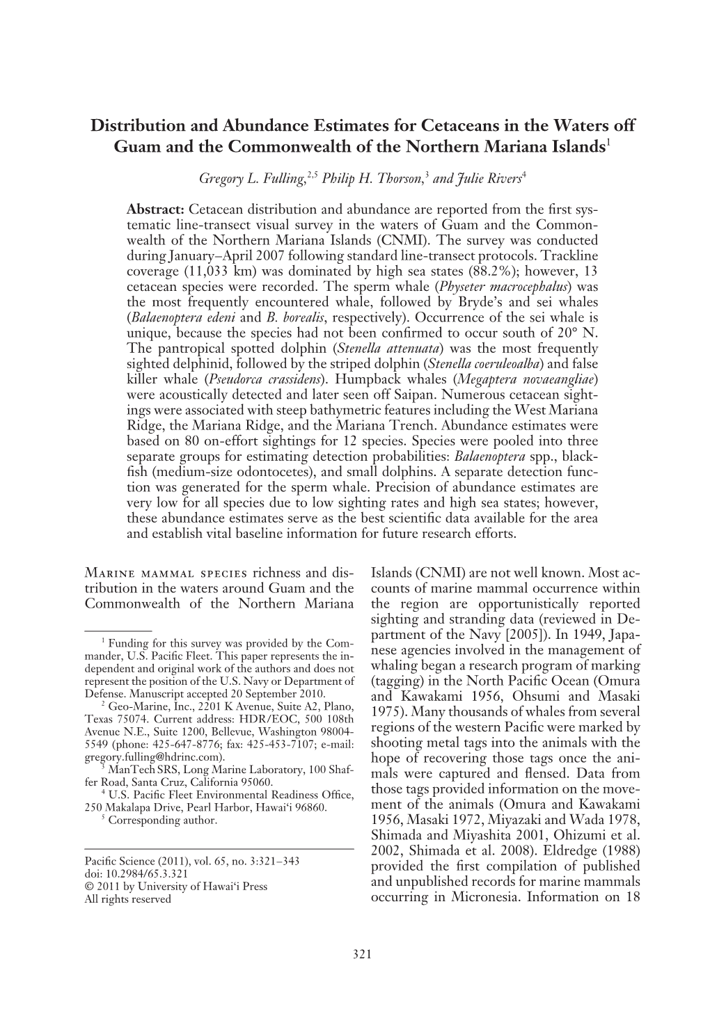 Distribution and Abundance Estimates for Cetaceans in the Waters Off Guam and the Commonwealth of the Northern Mariana Islands1