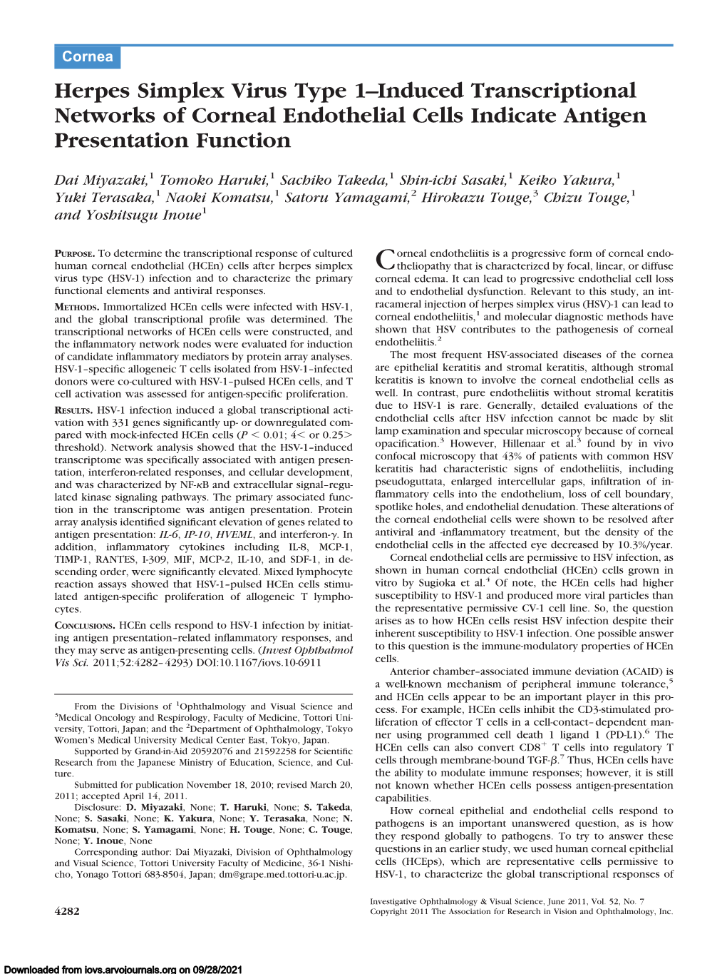 Herpes Simplex Virus Type 1–Induced Transcriptional Networks of Corneal Endothelial Cells Indicate Antigen Presentation Function