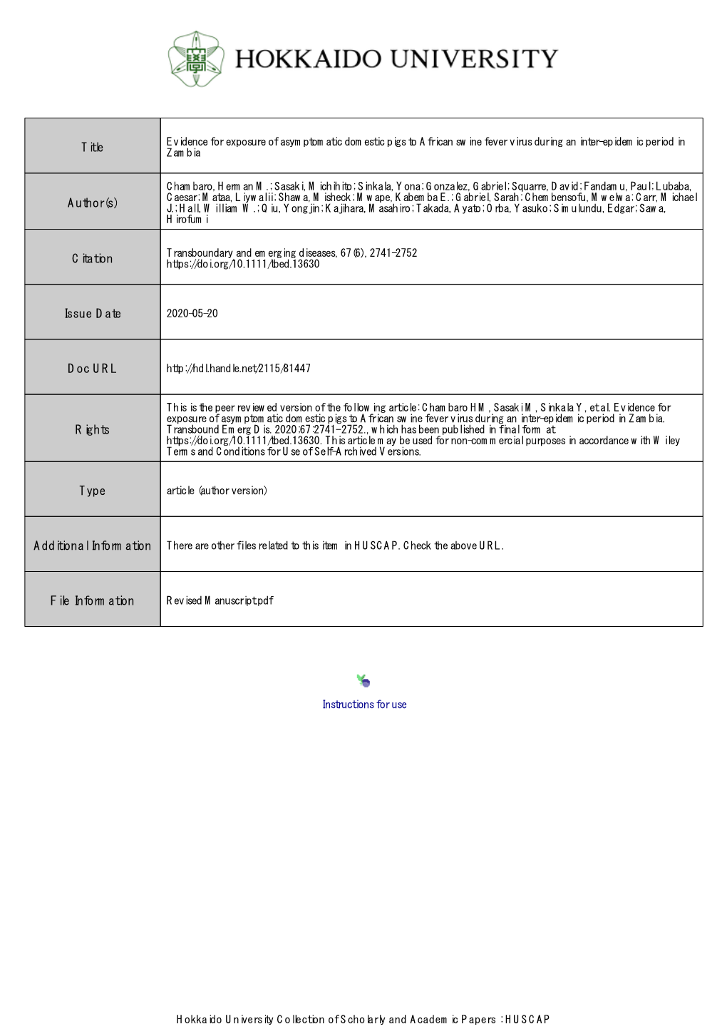 Evidence for Exposure of Asymptomatic Domestic Pigs to African Swine Fever Virus During an Inter-Epidemic Period in Title Zambia