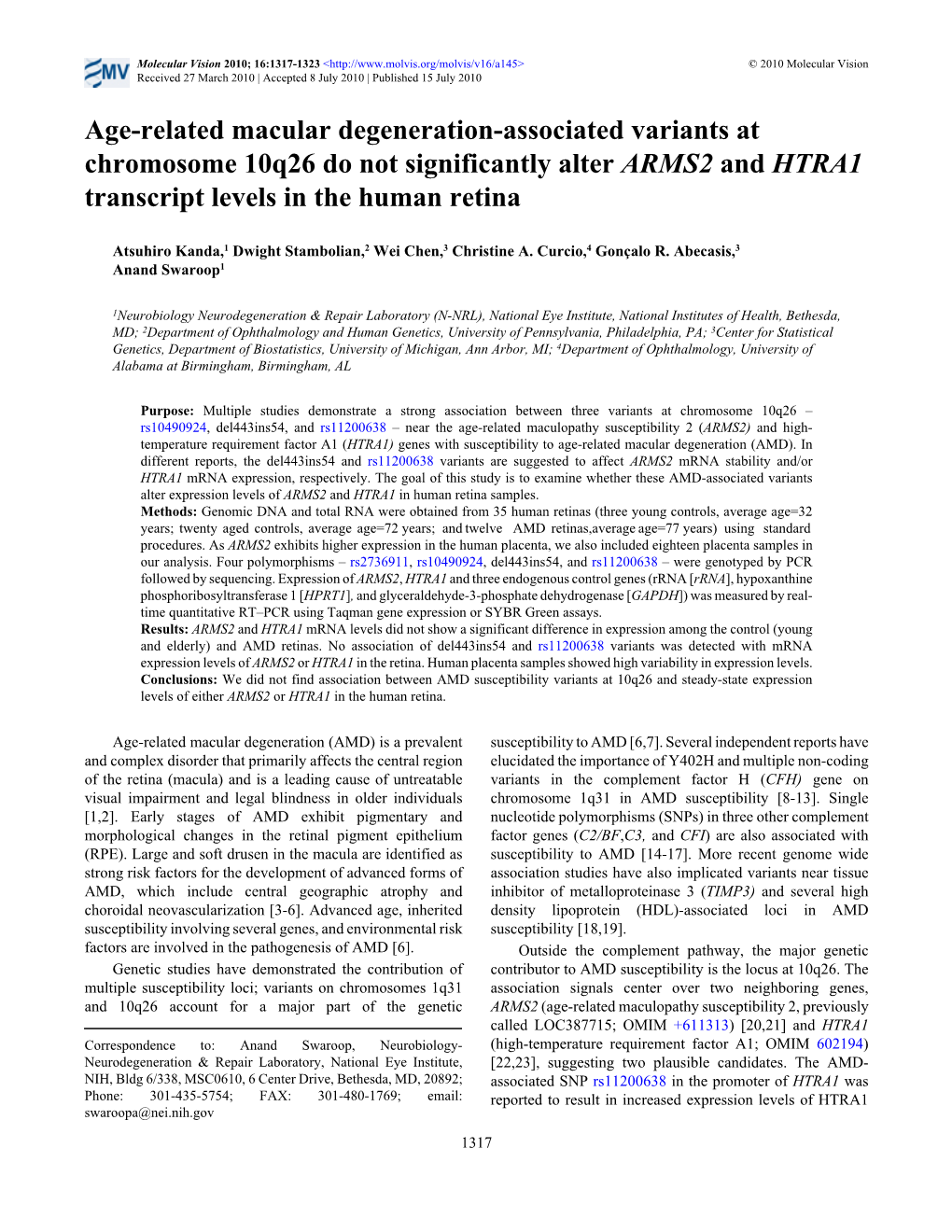 Age-Related Macular Degeneration-Associated Variants at Chromosome 10Q26 Do Not Significantly Alter ARMS2 and HTRA1 Transcript Levels in the Human Retina