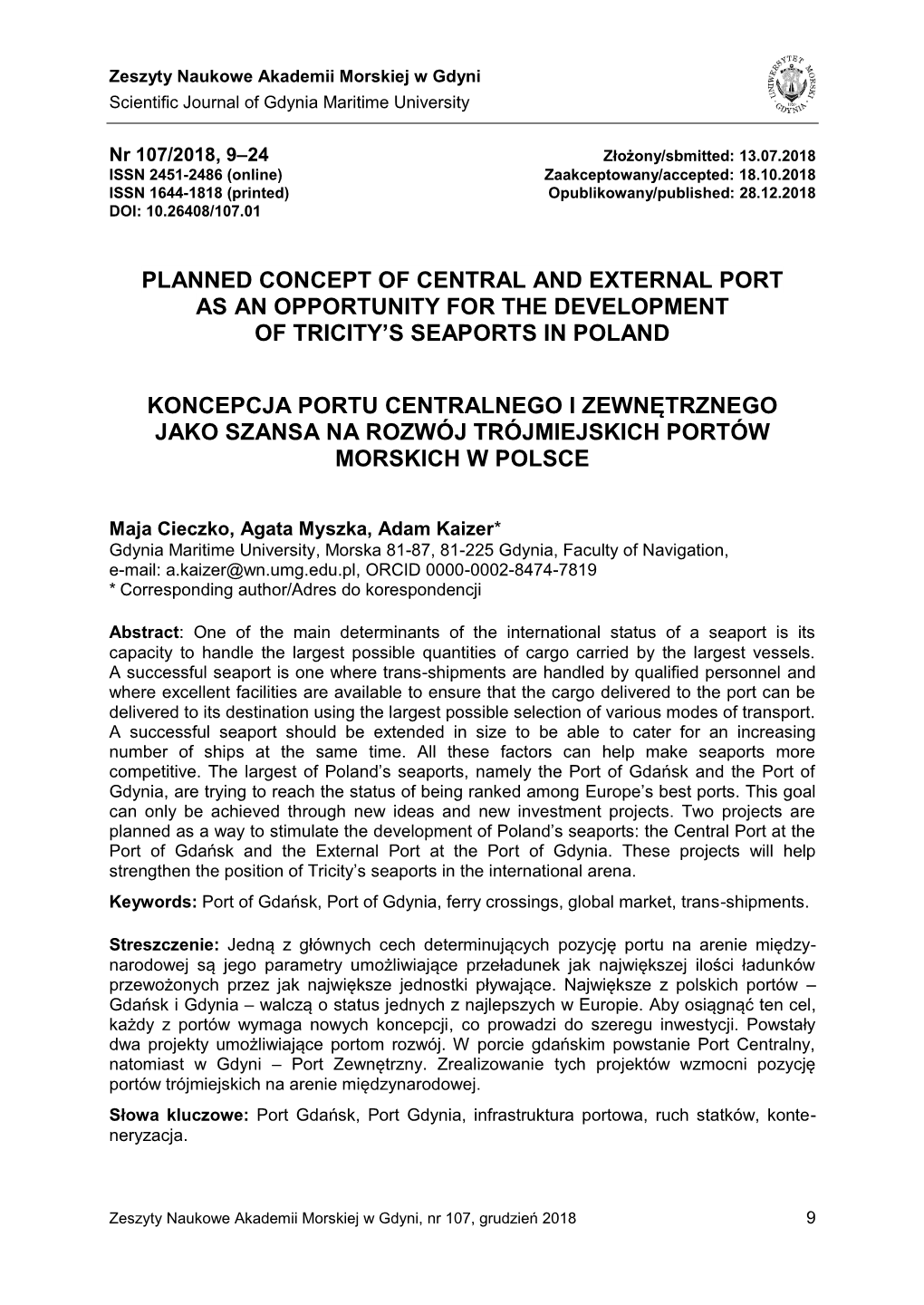 Planned Concept of Central and External Port As an Opportunity for the Development of Tricity’S Seaports in Poland
