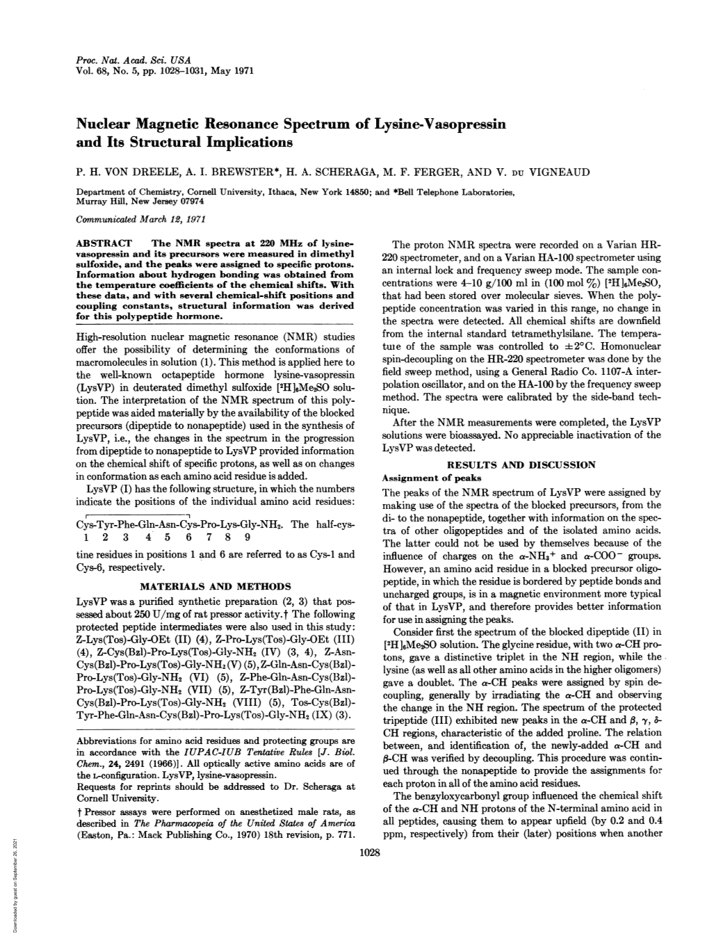 Nuclear Magnetic Resonance Spectrum of Lysine-Vasopressin and Its Structural Implications