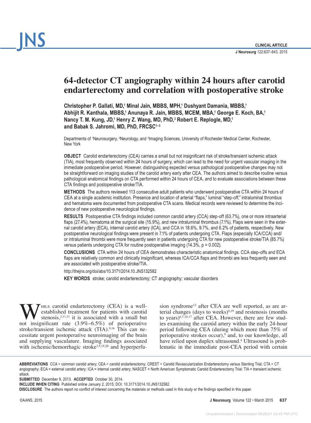 64-Detector CT Angiography Within 24 Hours After Carotid Endarterectomy and Correlation with Postoperative Stroke
