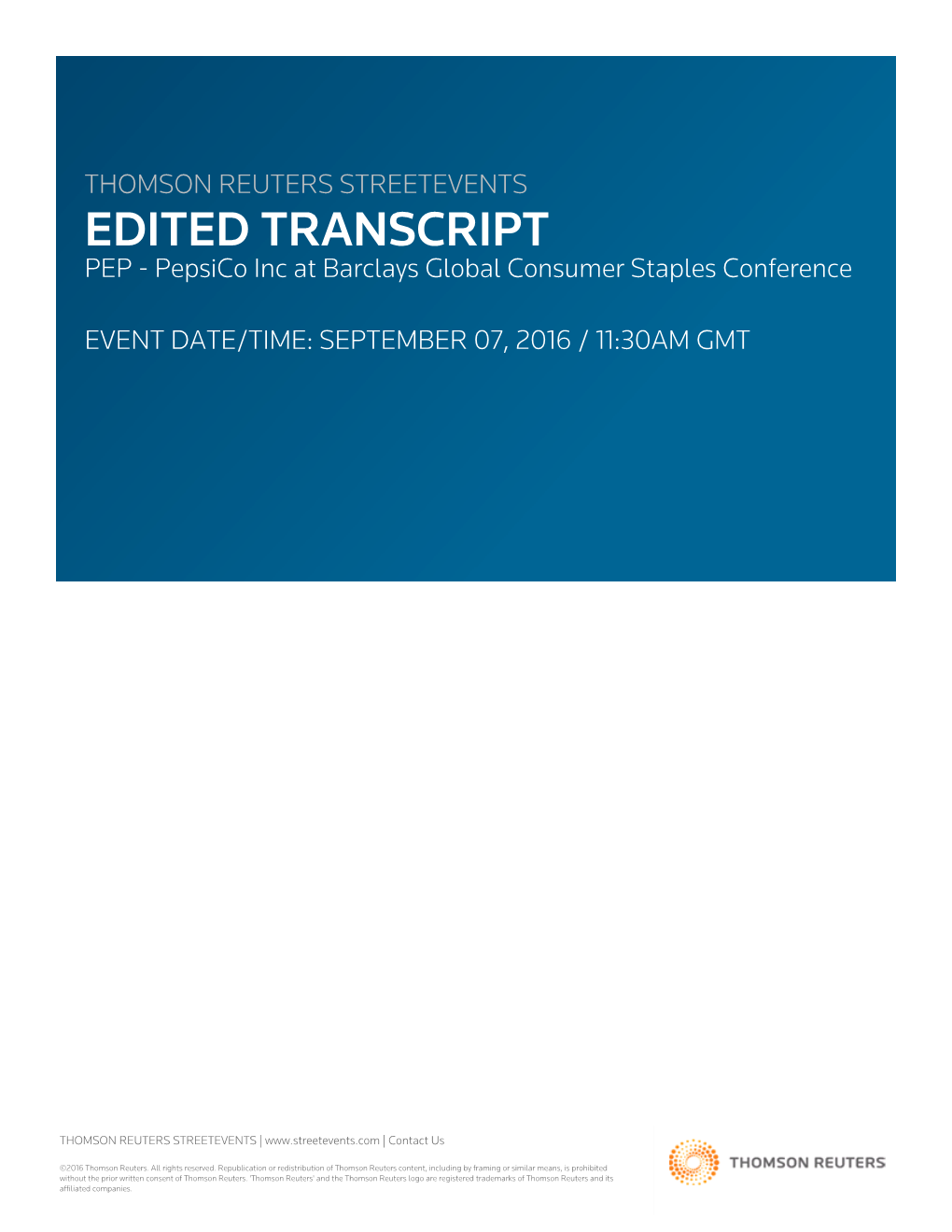 Pepsico Inc at Barclays Global Consumer Staples Conference on September 07, 2016 / 11:30AM